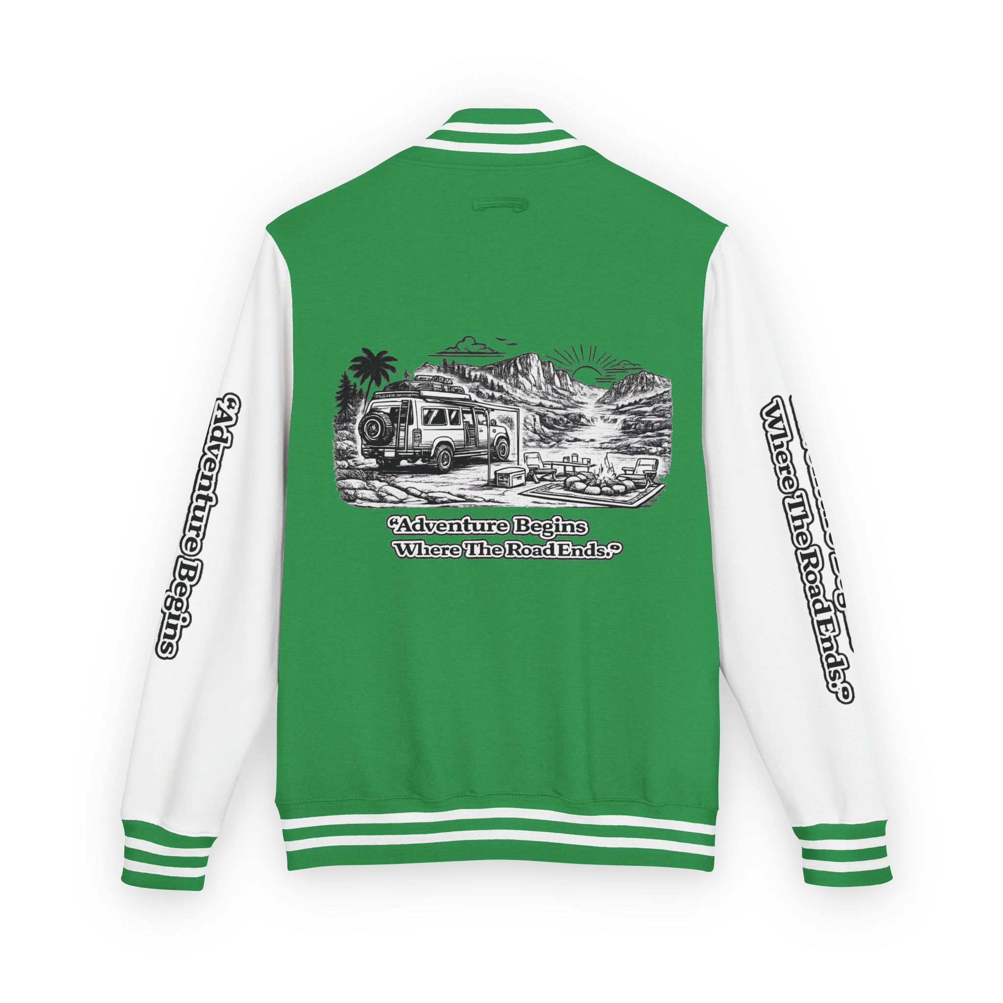 13372159394598956760_2048-1.jpeg Unisex Heavyweight Letterman Jacket — "Adventure Begins Where The Road Ends" Travel Varsity Coat