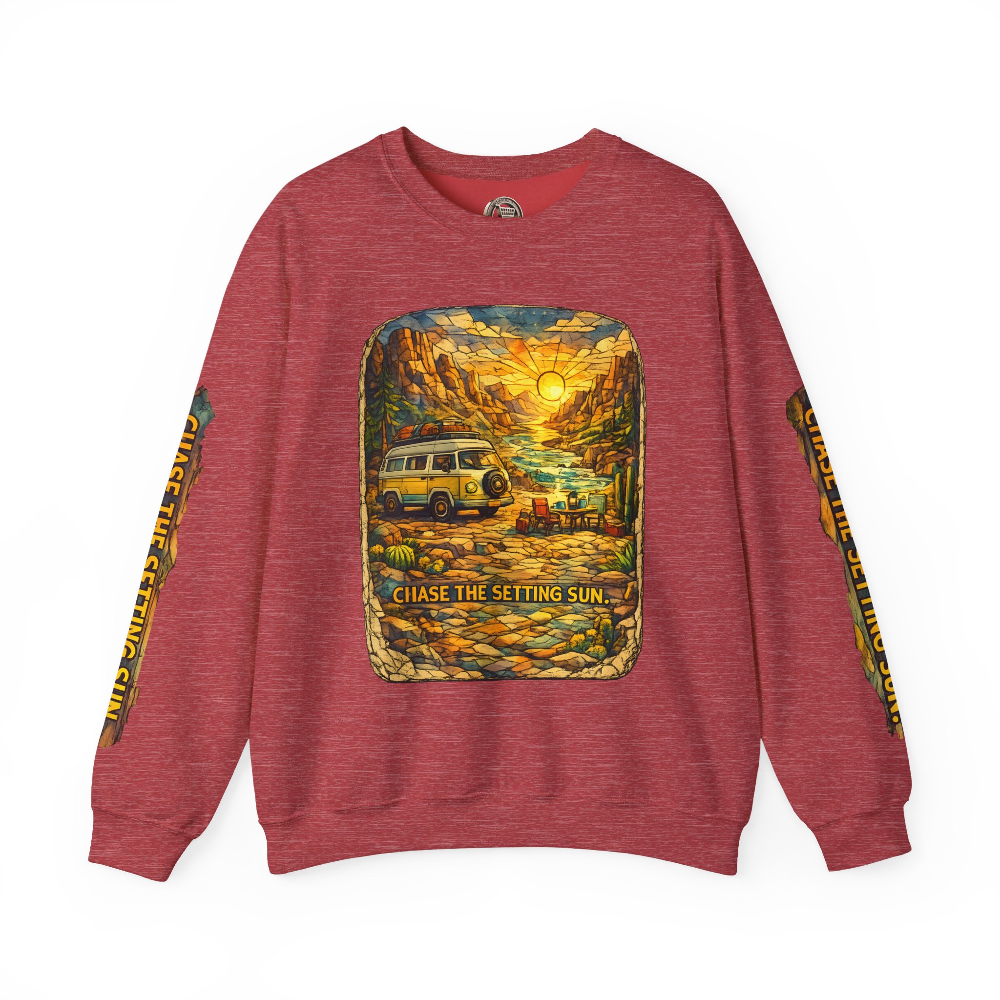 Unisex Heavy Blend™ Crewneck Sweatshirt — "Chase The Settings Sun" Design Cubic-Line