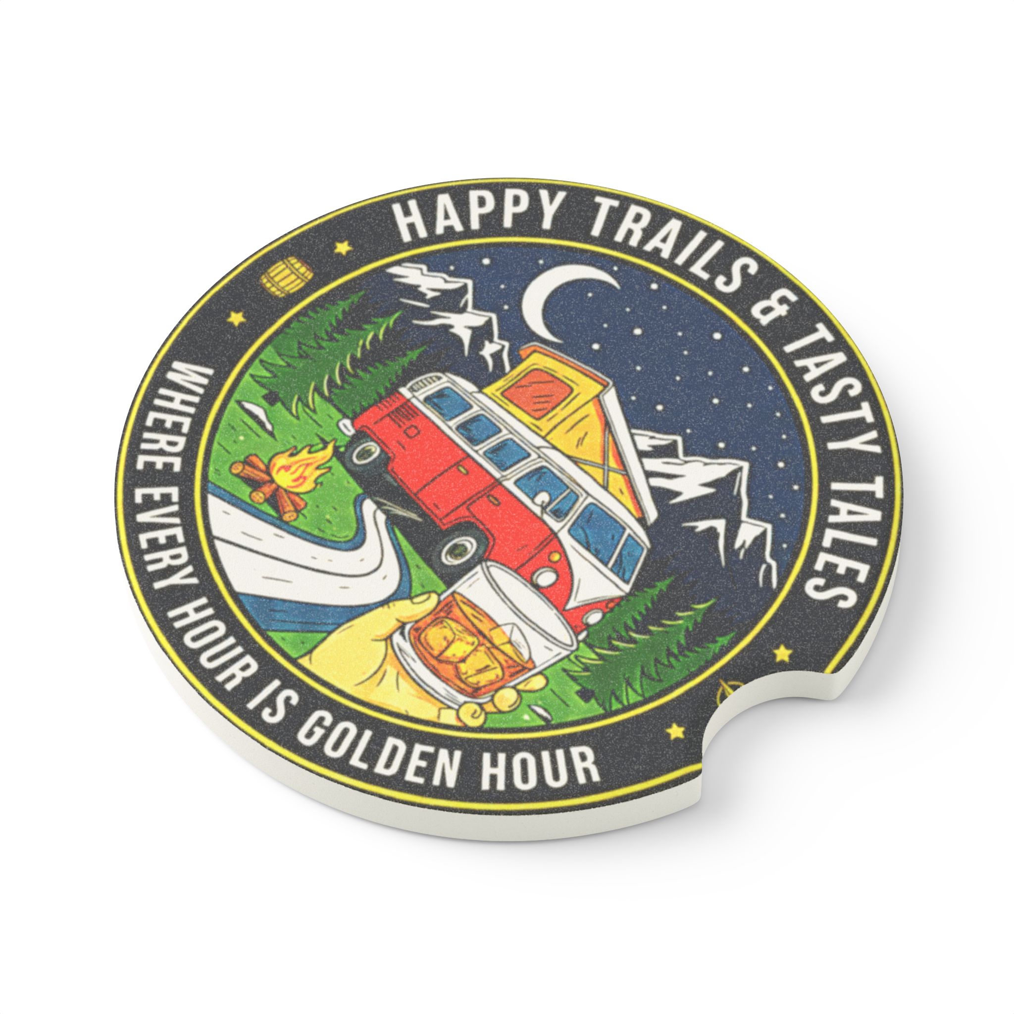 Soapstone Car Coaster — "Happy Trails & Tasty Tales" Retro Camper Night Drive Design