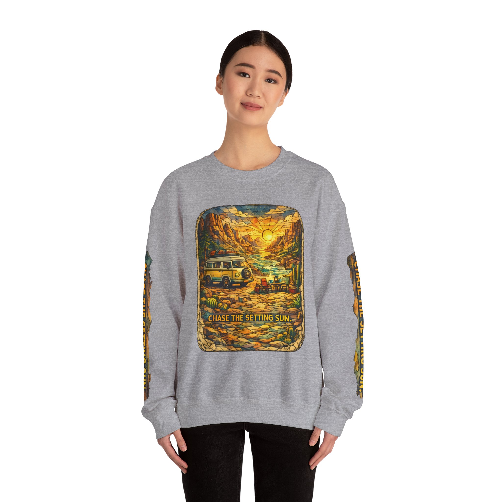 Unisex Heavy Blend™ Crewneck Sweatshirt — "Chase The Settings Sun" Design Cubic-Line