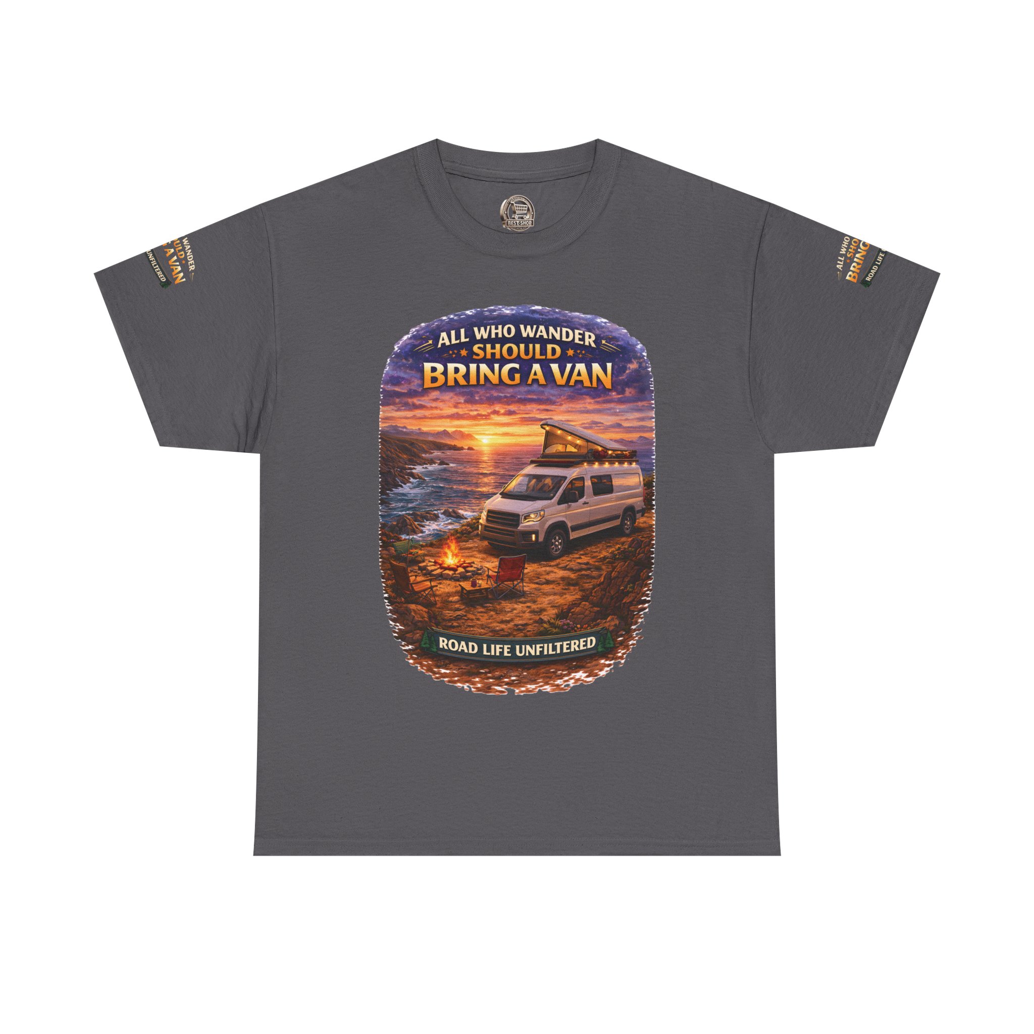 Unisex Heavy Cotton Tee — "All Who wander Should Bring A Van" Design Scenic-Line