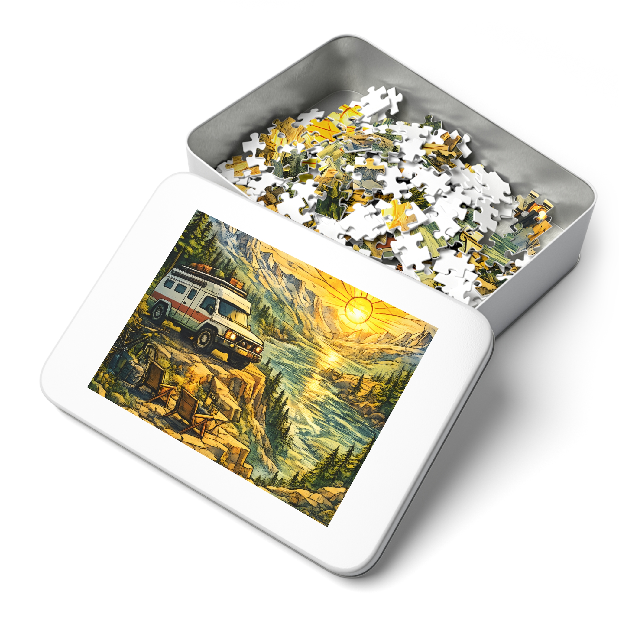 Jigsaw Puzzle with Tin — Camping Van Sunset (Design Cubic-Line)