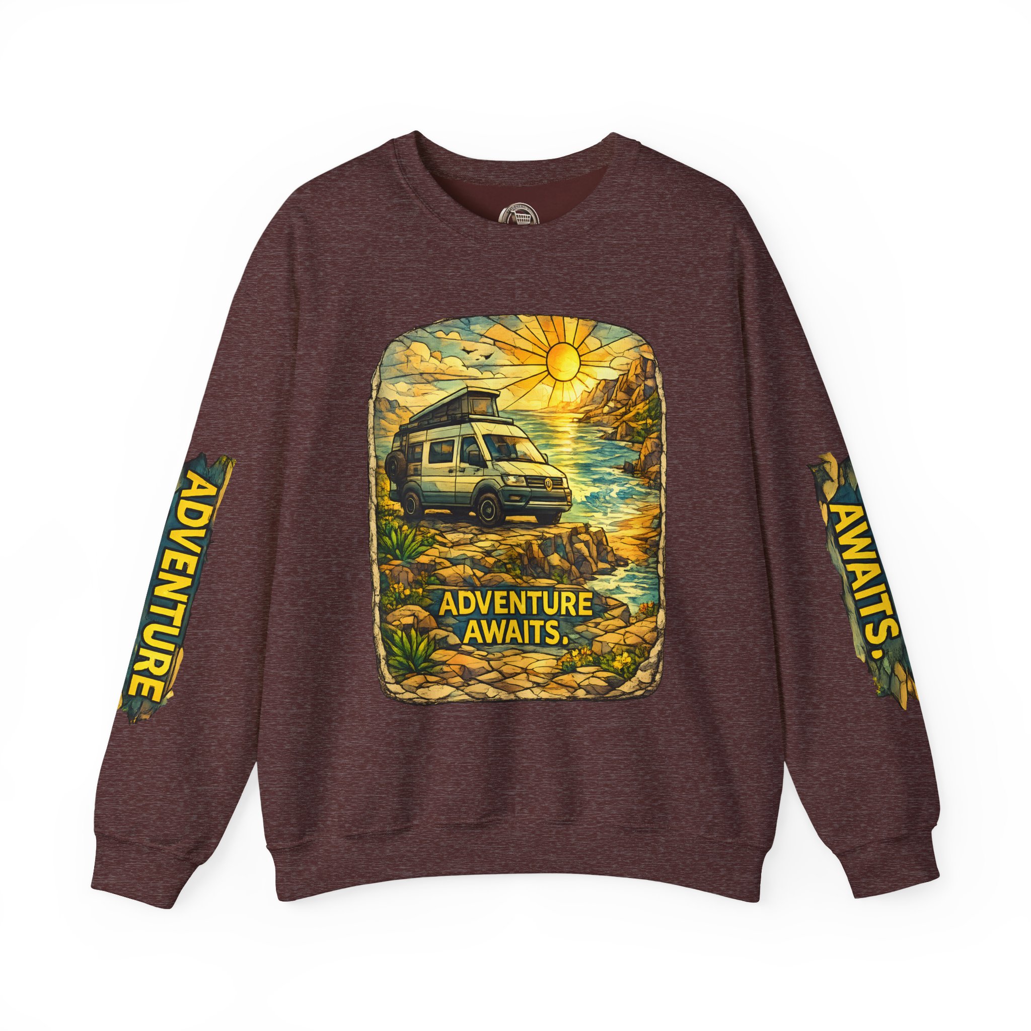 Unisex Heavy Blend™ Crewneck Sweatshirt — "Adventure Awaits" Design Cubic-Line