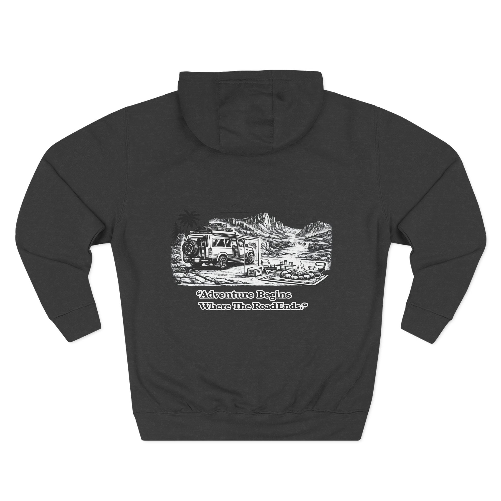 Three-Panel Fleece Hoodie - "Adventure Begins Where The Road Ends" Design Minimal-Line