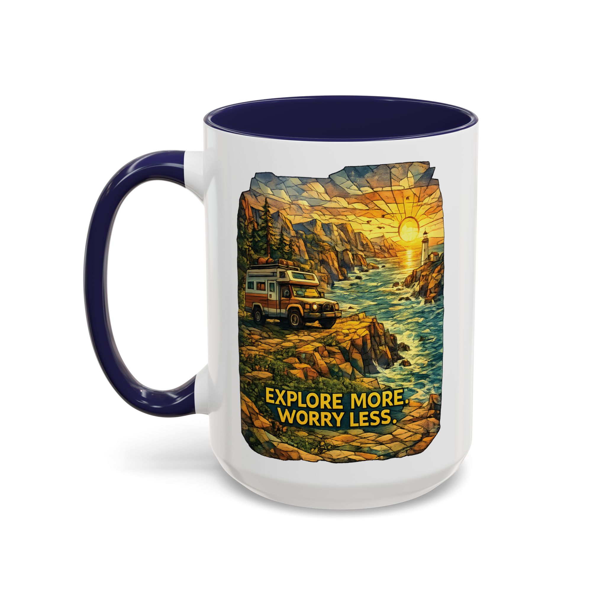 Accent Coffee Mug (11, 15oz) — "Explore More Worry Less" Design Cubic-Line