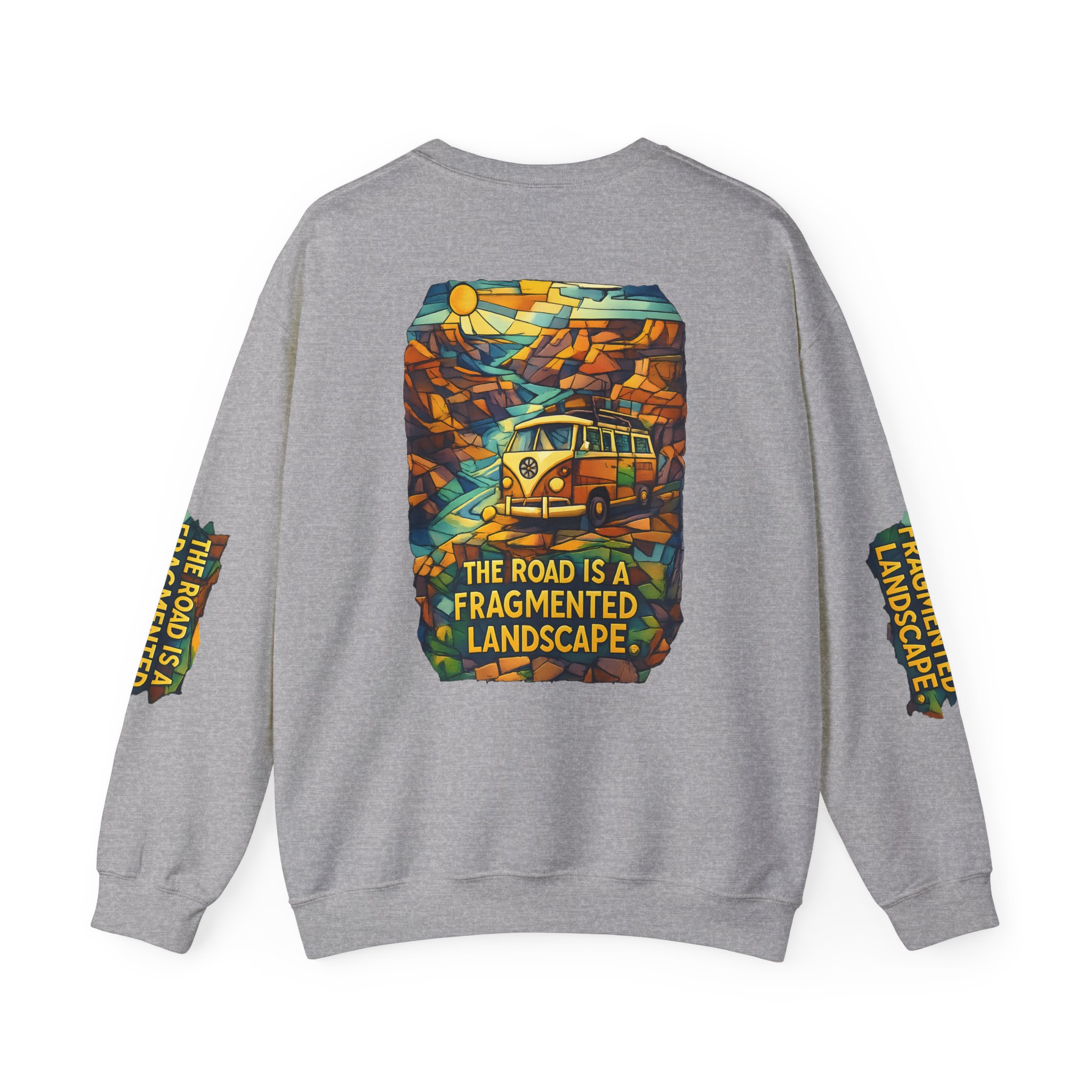 Unisex Heavy Blend™ Crewneck Sweatshirt — "The Road Is A Fragmented Landscape" Design Cubic-Line