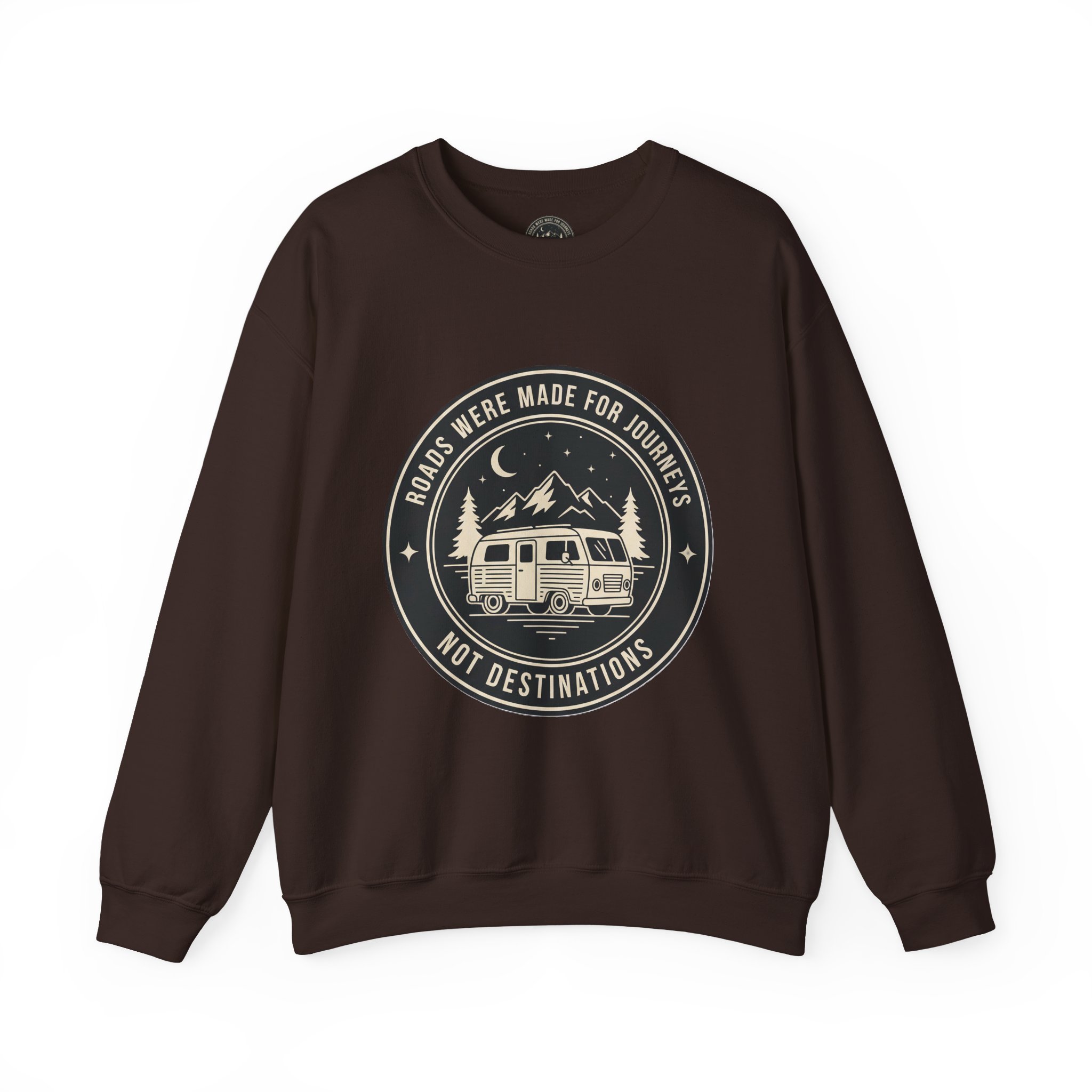 13436273263526047480_2048.jpeg Crewneck Sweatshirt — "ROAD WHERE MADE FOR JOURNEYS-NOT DESTINATIONS" (Ony Font printed) Vintage Camper Van Outdoor Graphic