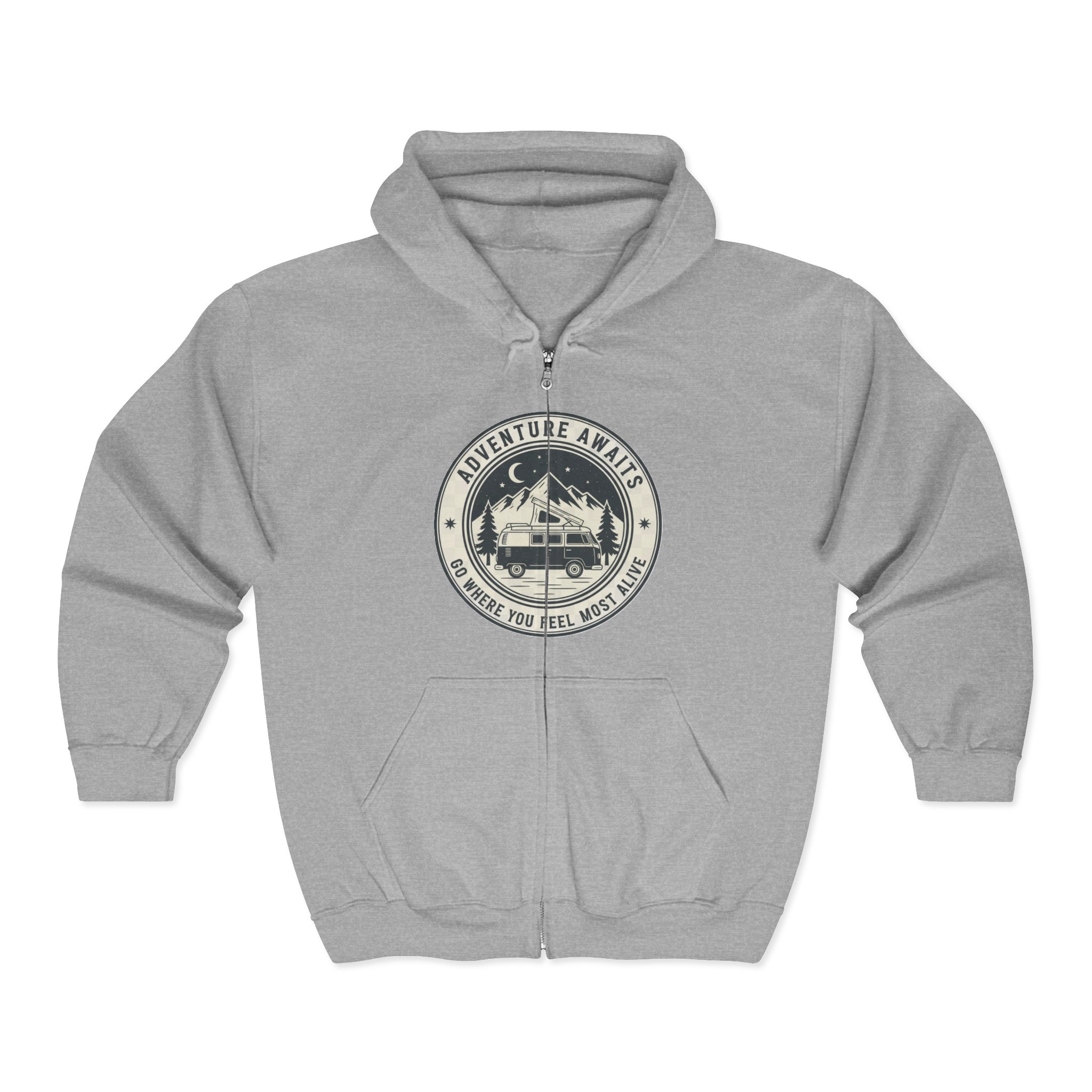 Zip Hoodie — "Adventure Awaits-Go Where You Feel Most Alive" (Only Front Printed) Camper Van Adventure Zip-Up