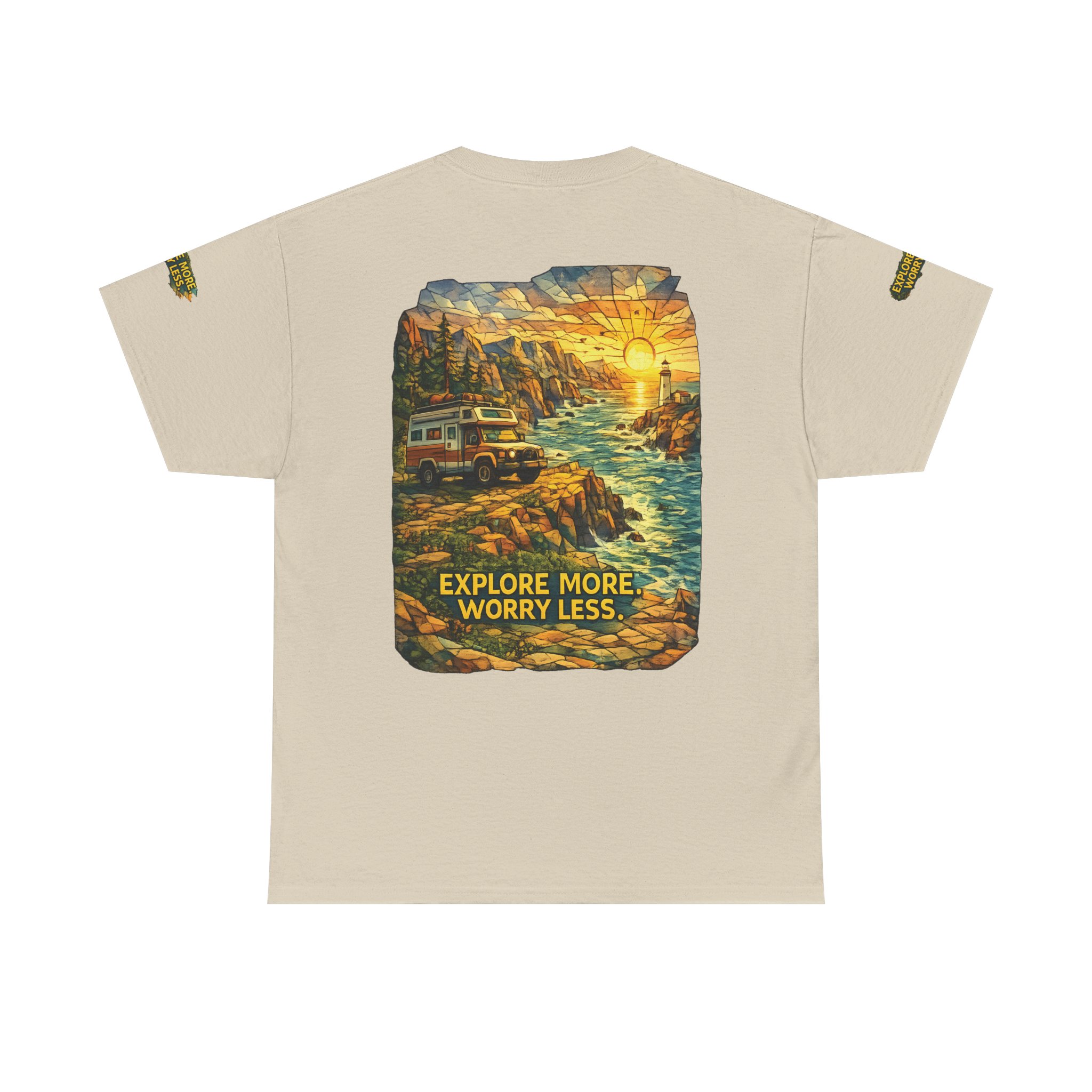 Unisex Heavy Cotton Tee — "Explore More Worry Less" Design Cubic-Line
