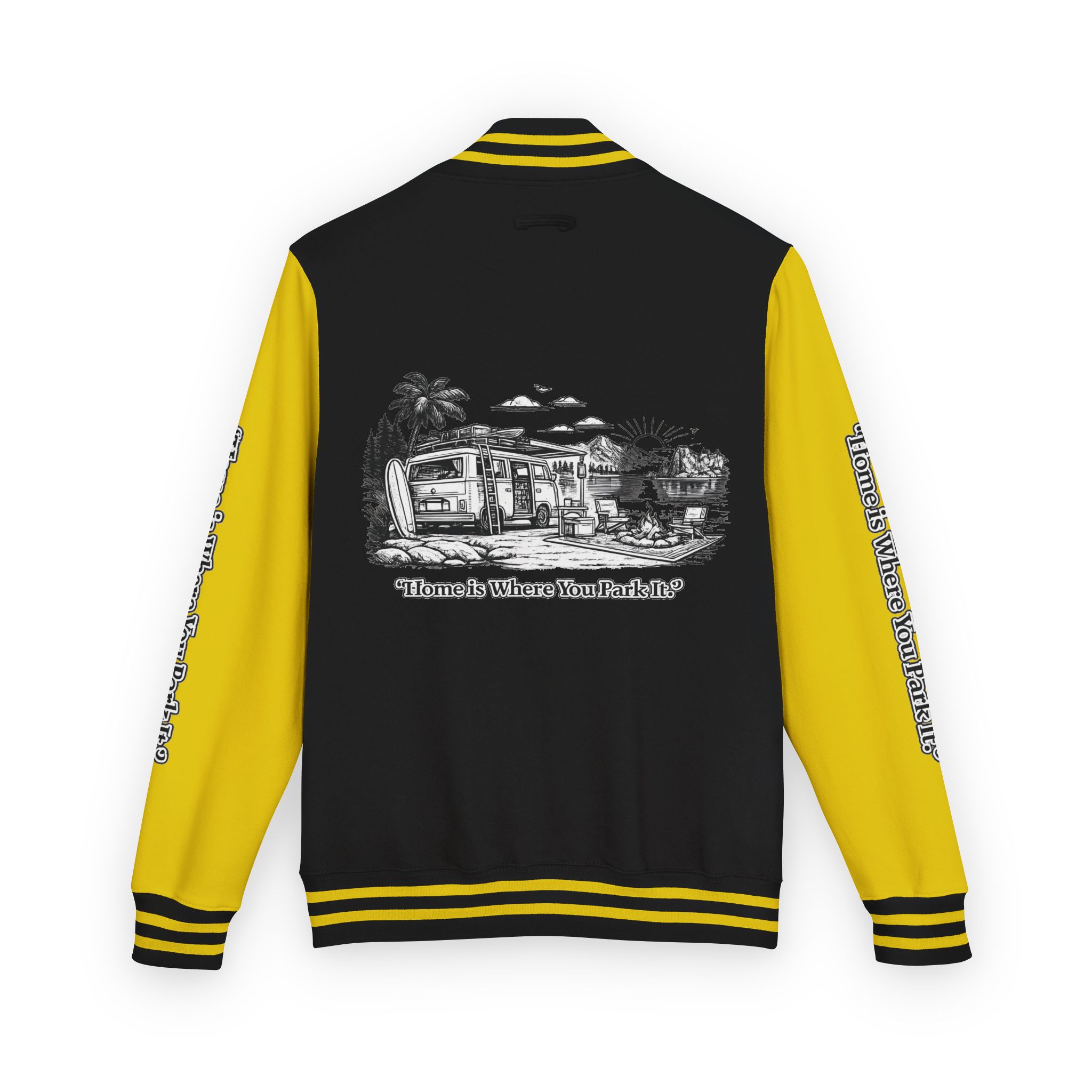 13517371872521441431_2048-1.jpeg Unisex Heavyweight Letterman Jacket — "Home Is Where You Park It" Travel Varsity Coat