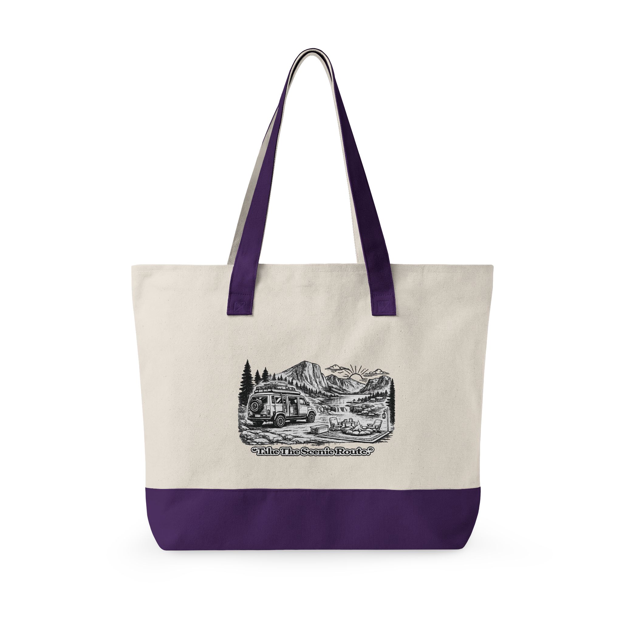 Zippered Canvas Tote — "Take The Scenic Road" (Design Minimal-Line)