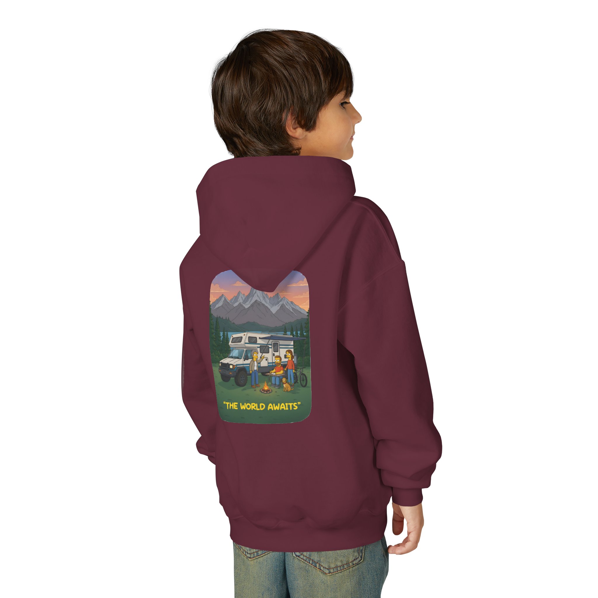 Youth Hoodie(Gildan) – "The World Awaits" (Design Sitcom-Line)