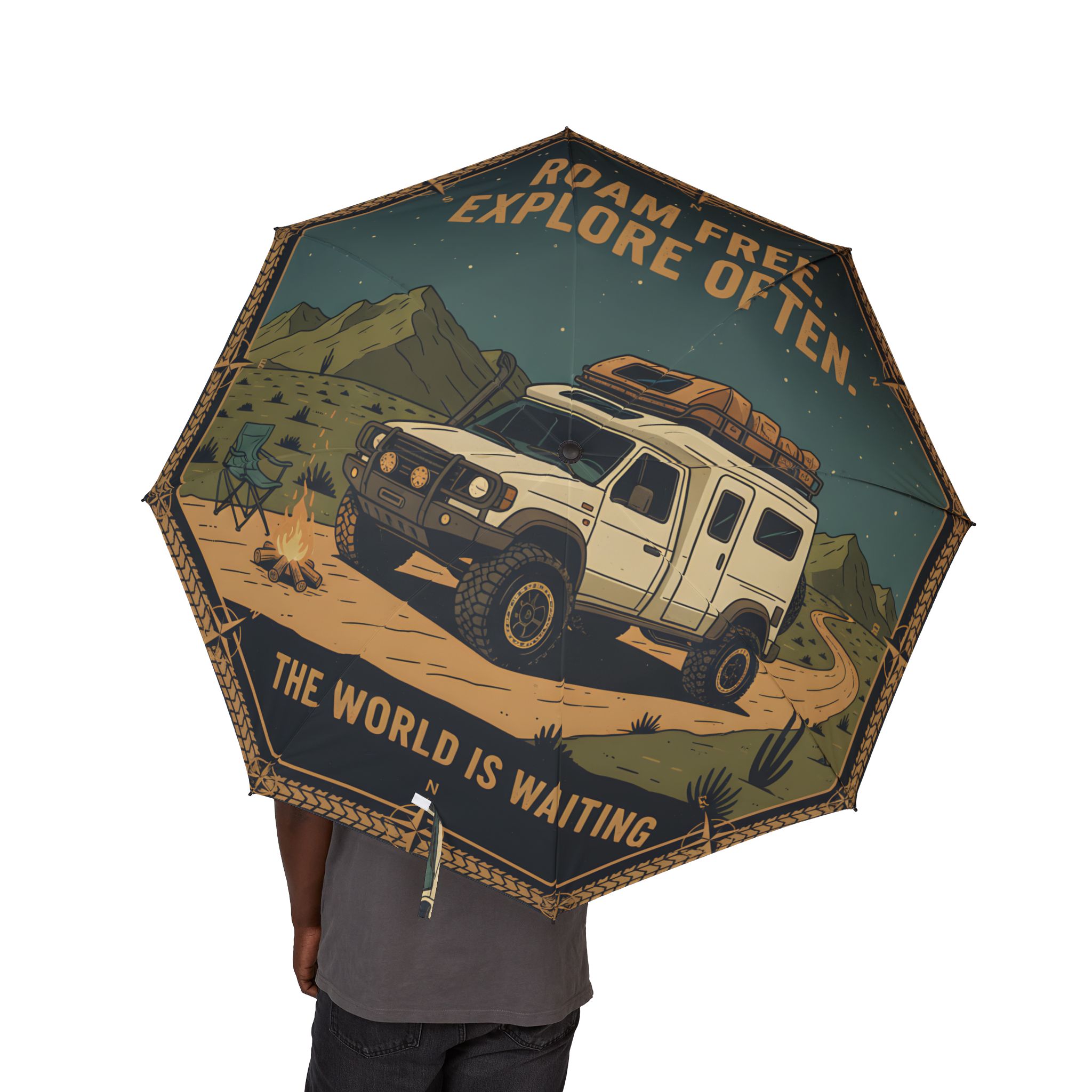 Semi-Automatic Foldable Umbrella — "Roam Free Explore Often-The World Is Waiting" Vintage Adventure Print