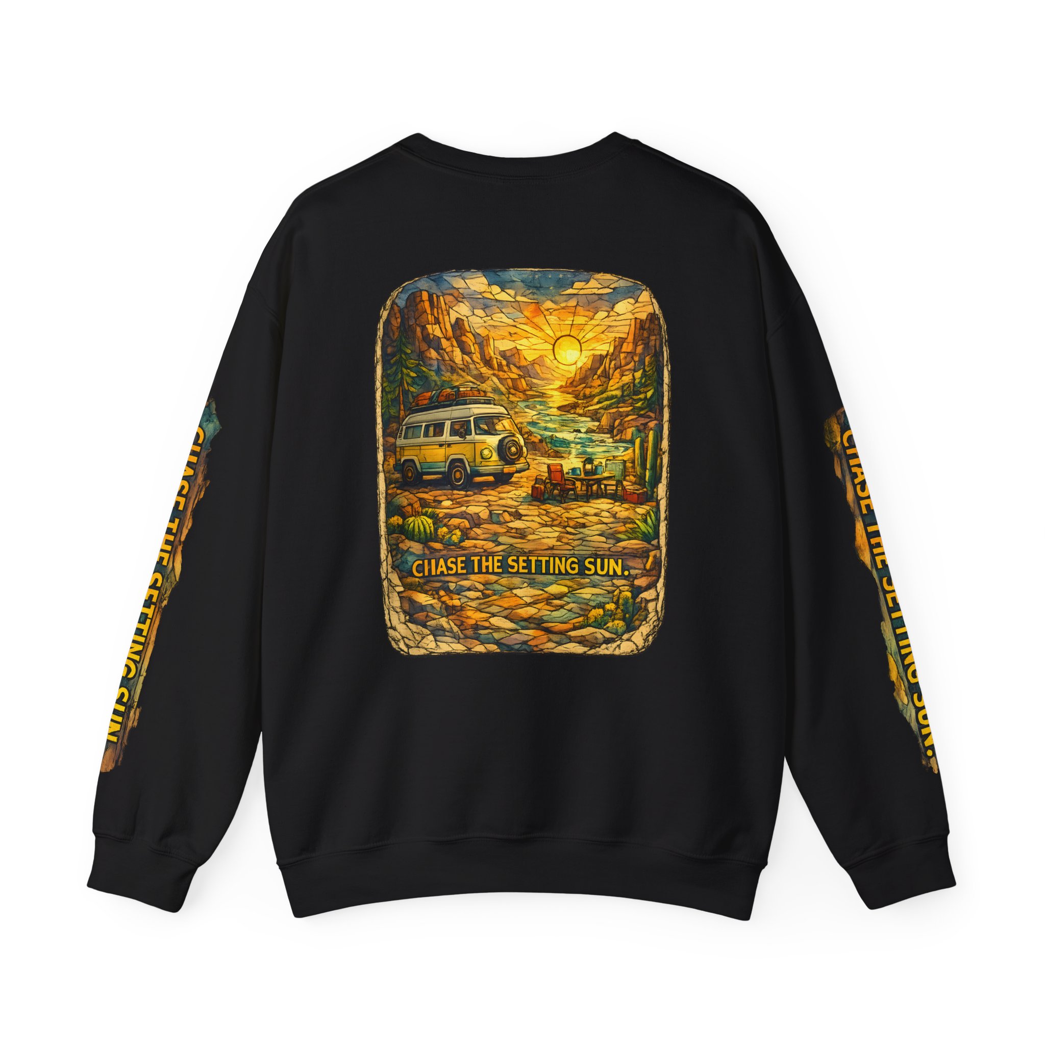 Unisex Heavy Blend™ Crewneck Sweatshirt — "Chase The Settings Sun" Design Cubic-Line