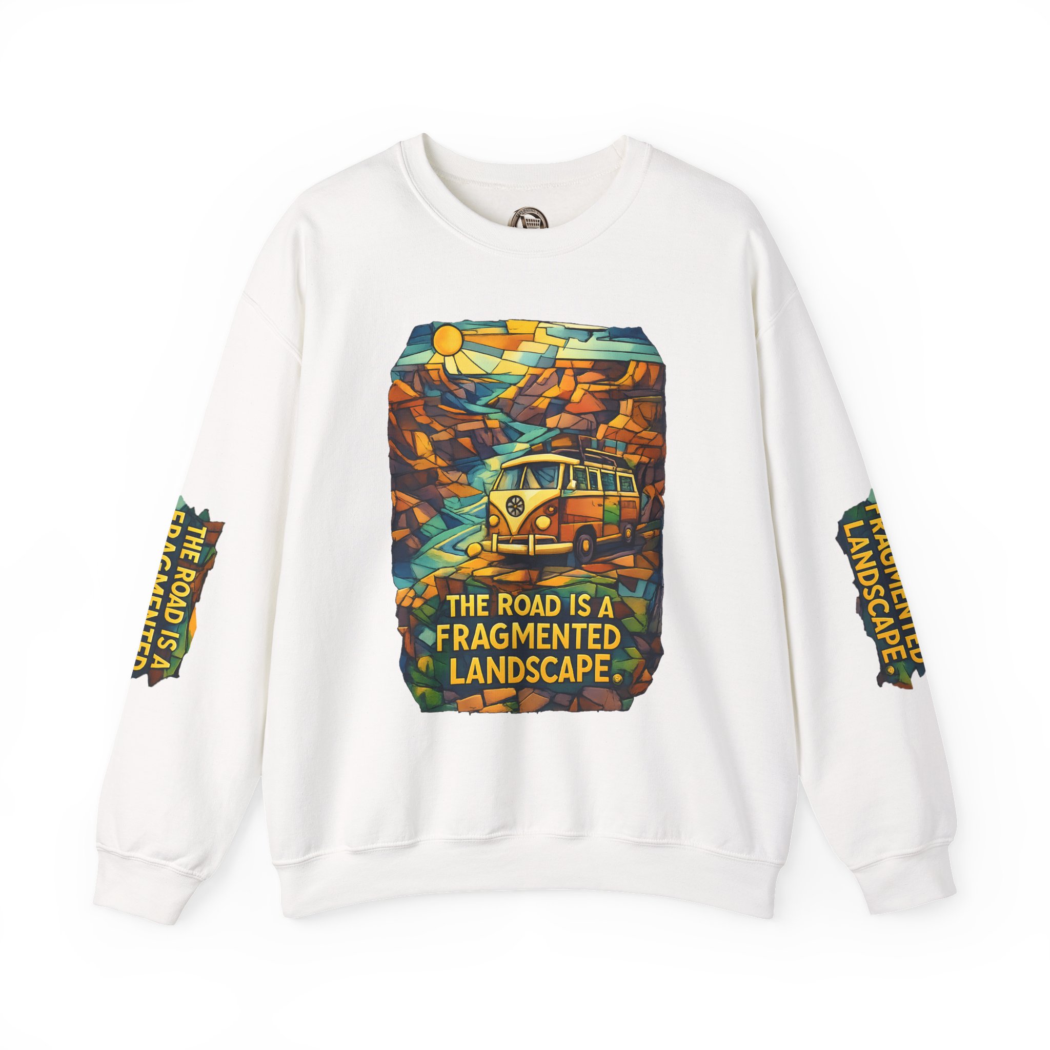 Unisex Heavy Blend™ Crewneck Sweatshirt — "The Road Is A Fragmented Landscape" Design Cubic-Line