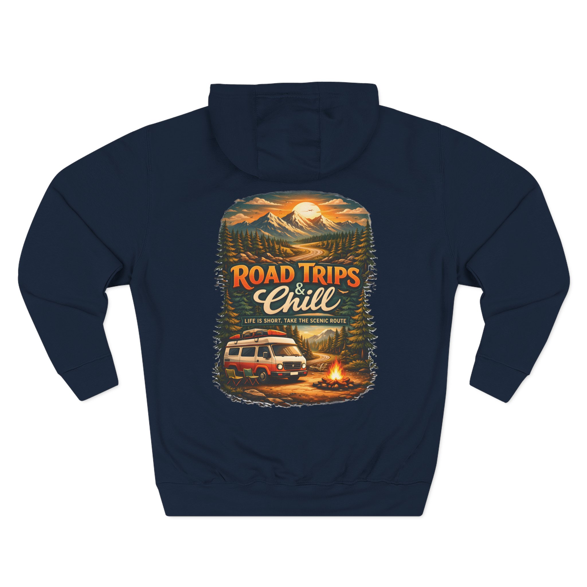 Three-Panel Fleece Hoodie - "Road Trips & Chill" Design Scenic-Line