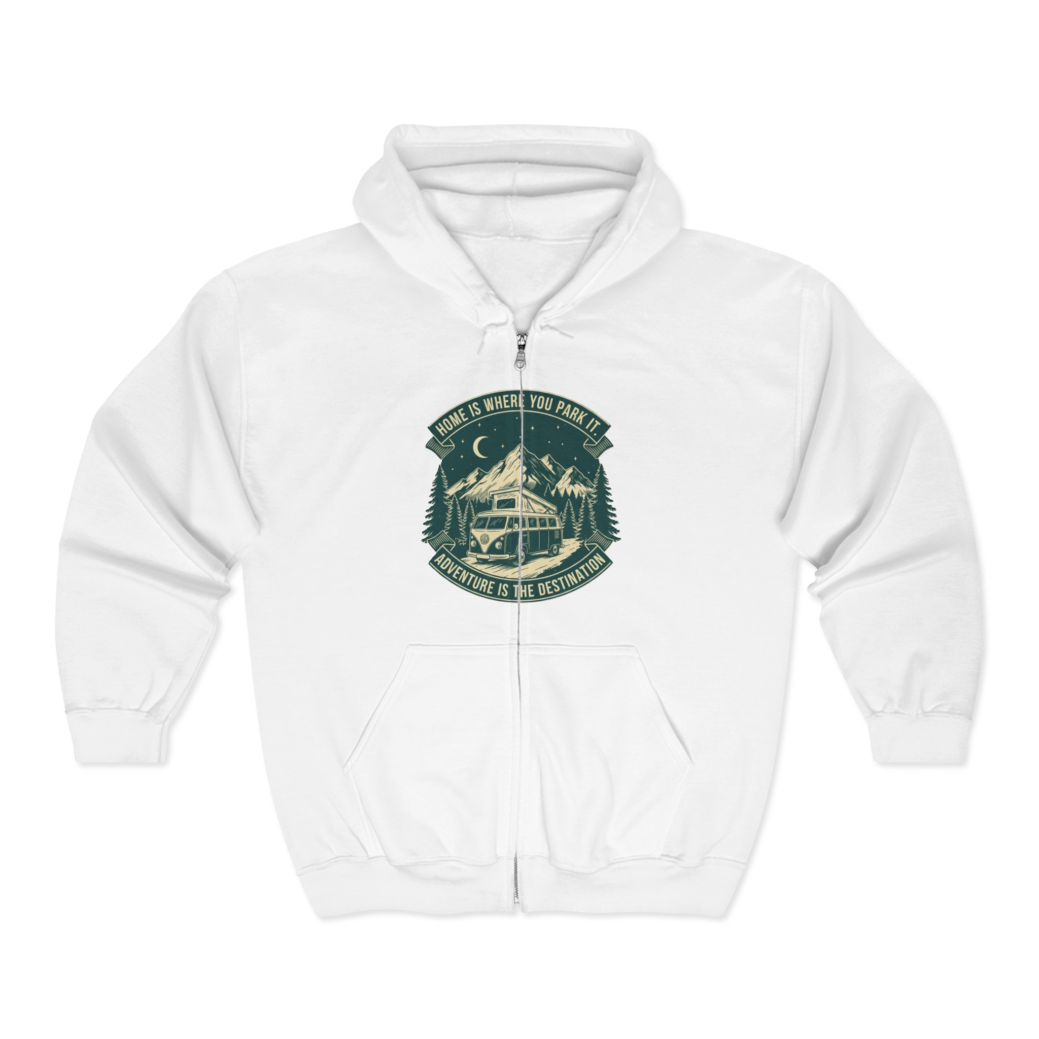 Zip Hoodie — "Home Is Where You Park It-Adventure is the destination"(Only Front Printed) Camper Van Adventure Zip-Up