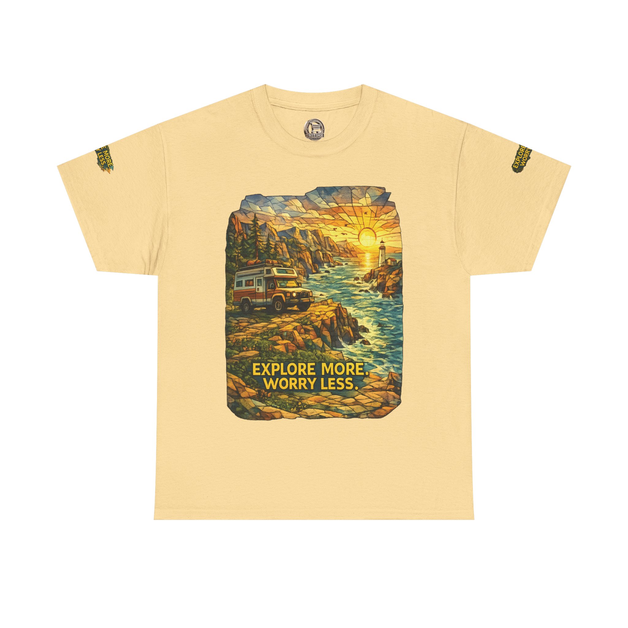 Unisex Heavy Cotton Tee — "Explore More Worry Less" Design Cubic-Line