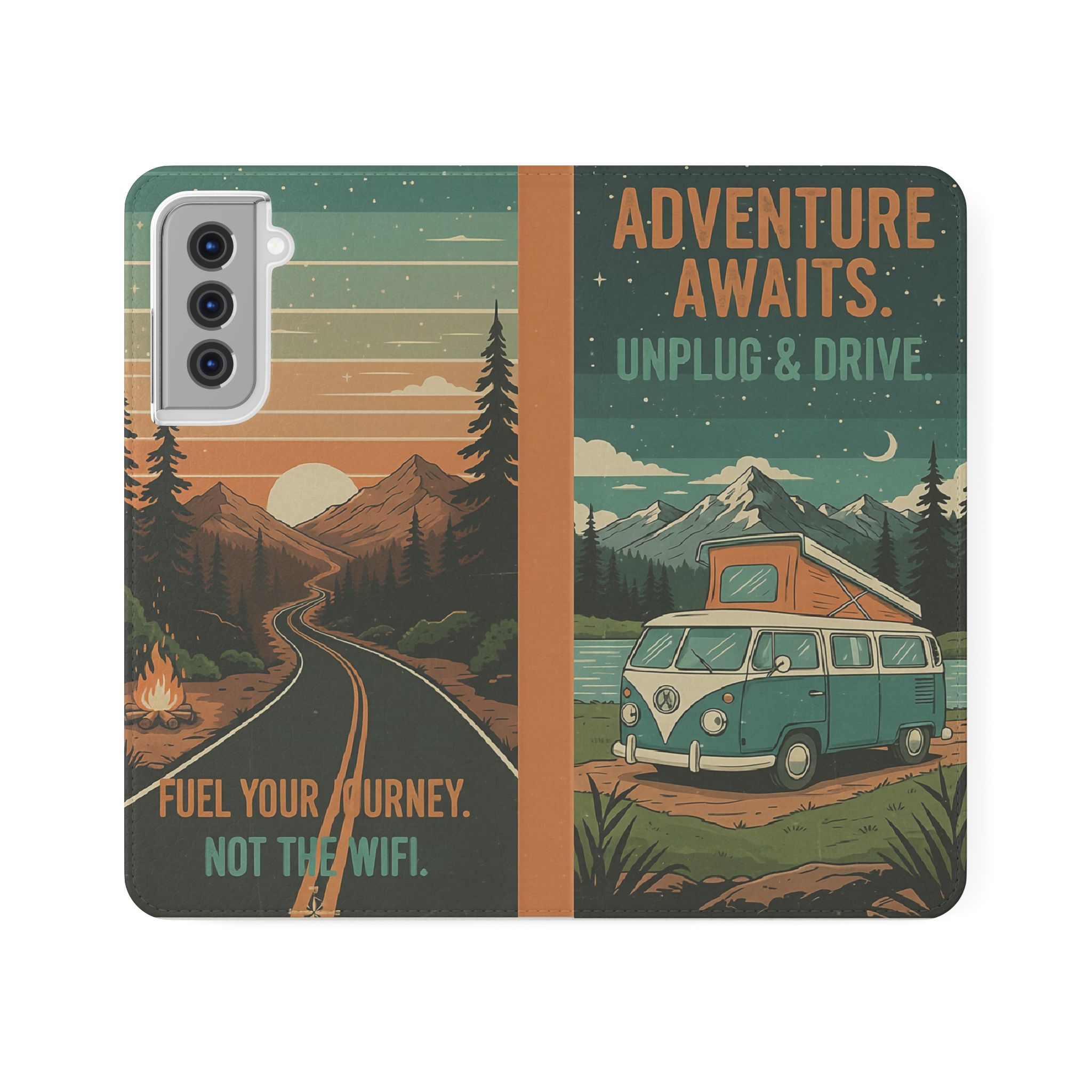 Flip Phone Case — "Adventure Awaits Unplug & Drive" Wallet Case