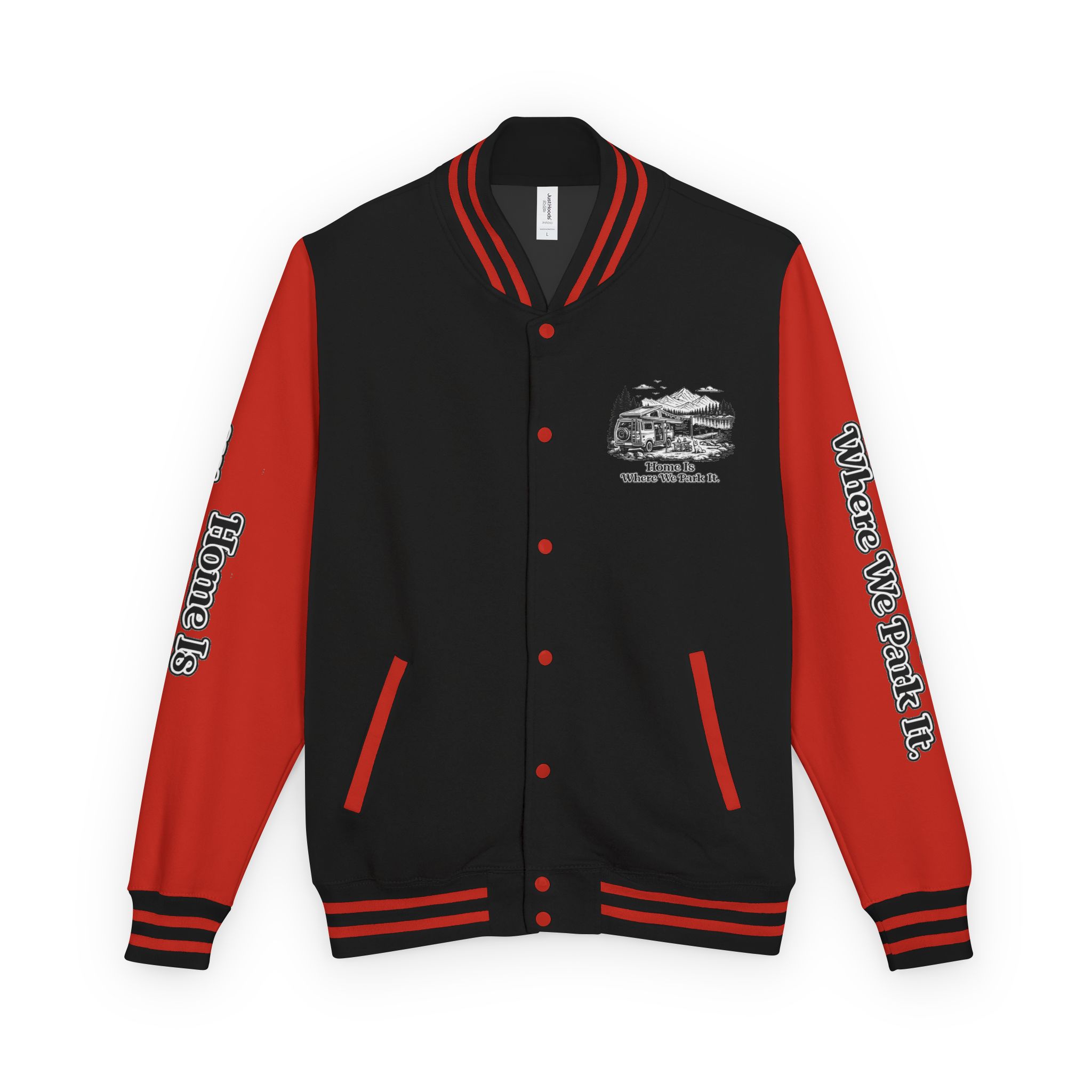 Unisex Heavyweight Letterman Jacket — "Home Is Where You Park It" Travel Varsity Coat
