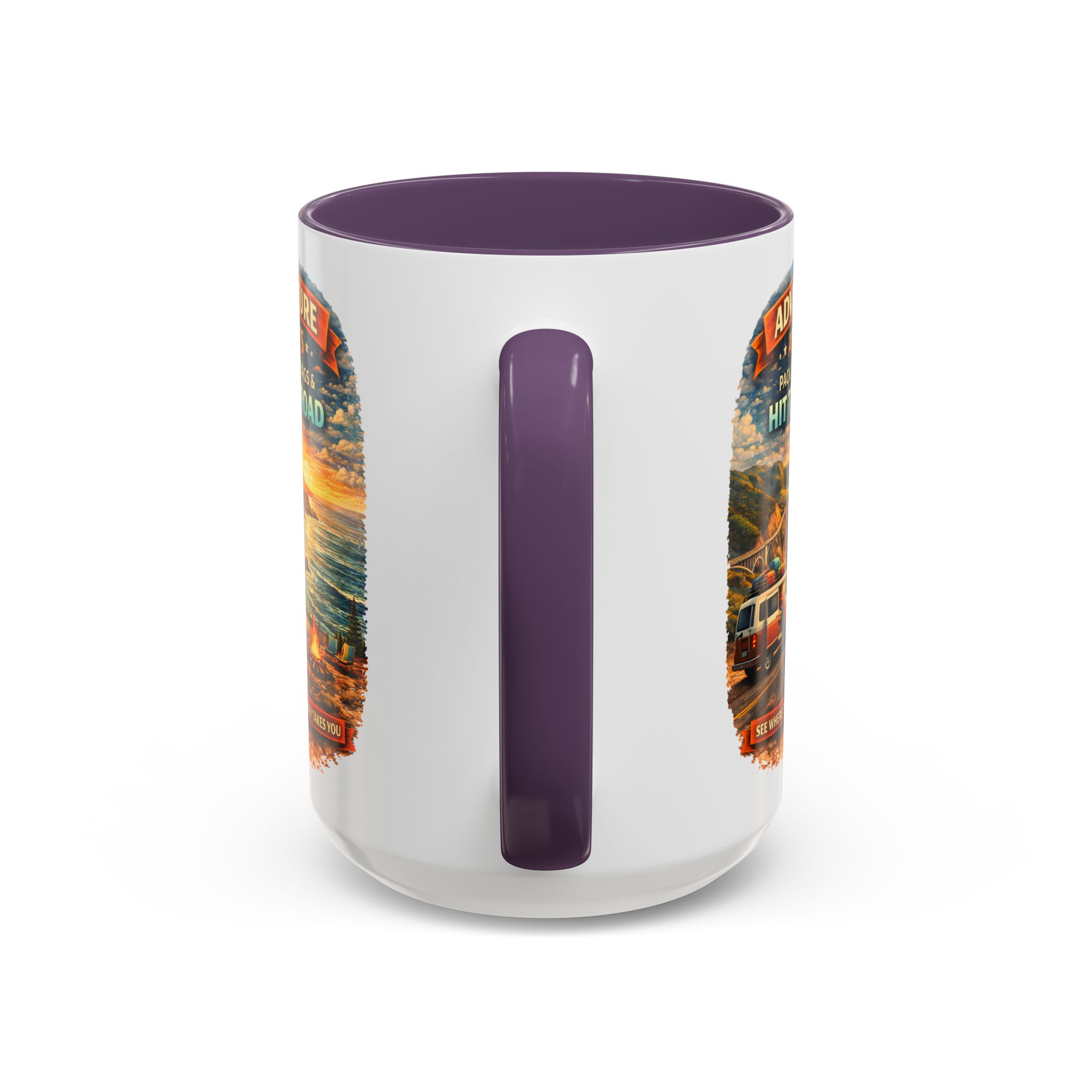 Accent Coffee Mug (11, 15oz) — "Adventure Awaits-Pack Your Bags" Design Scenic-Line