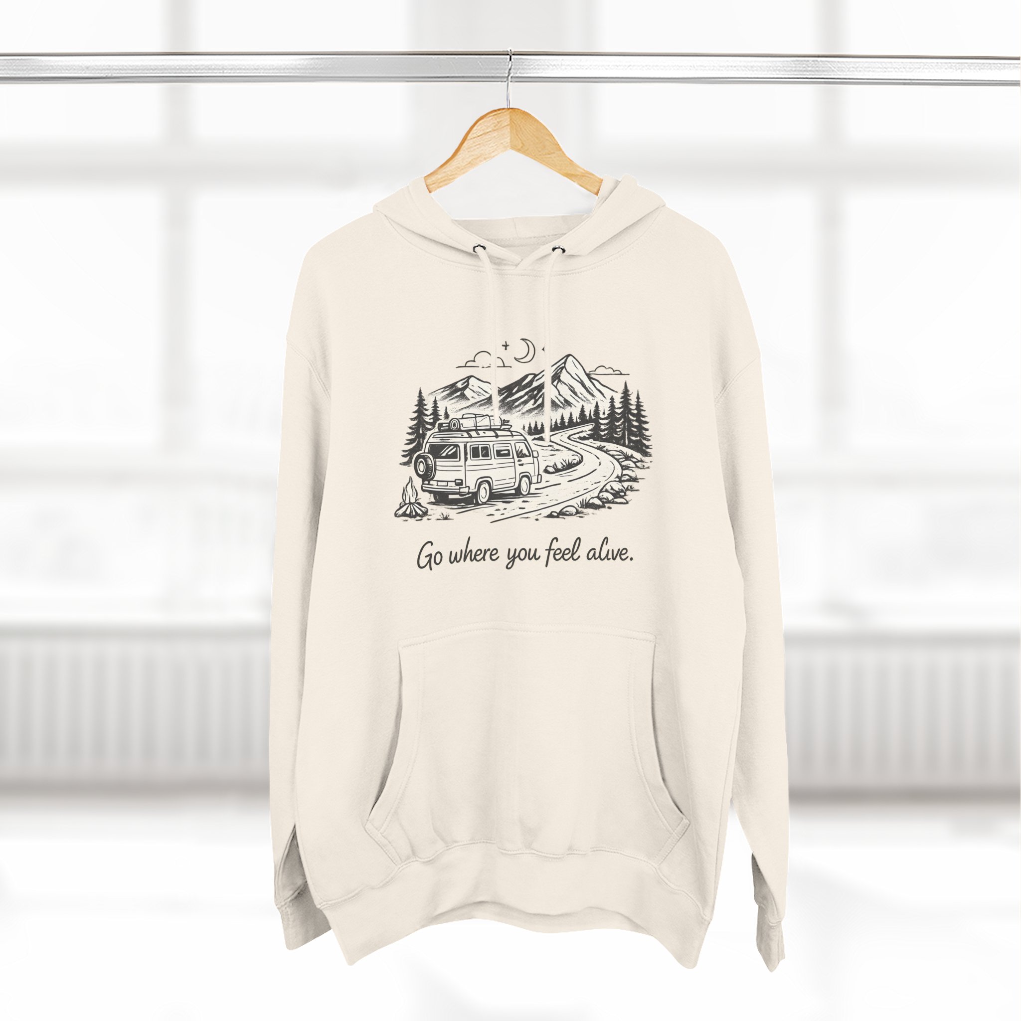 Three-Panel Fleece Hoodie - "Go Where You Feel Alive" Design Minimal-Line