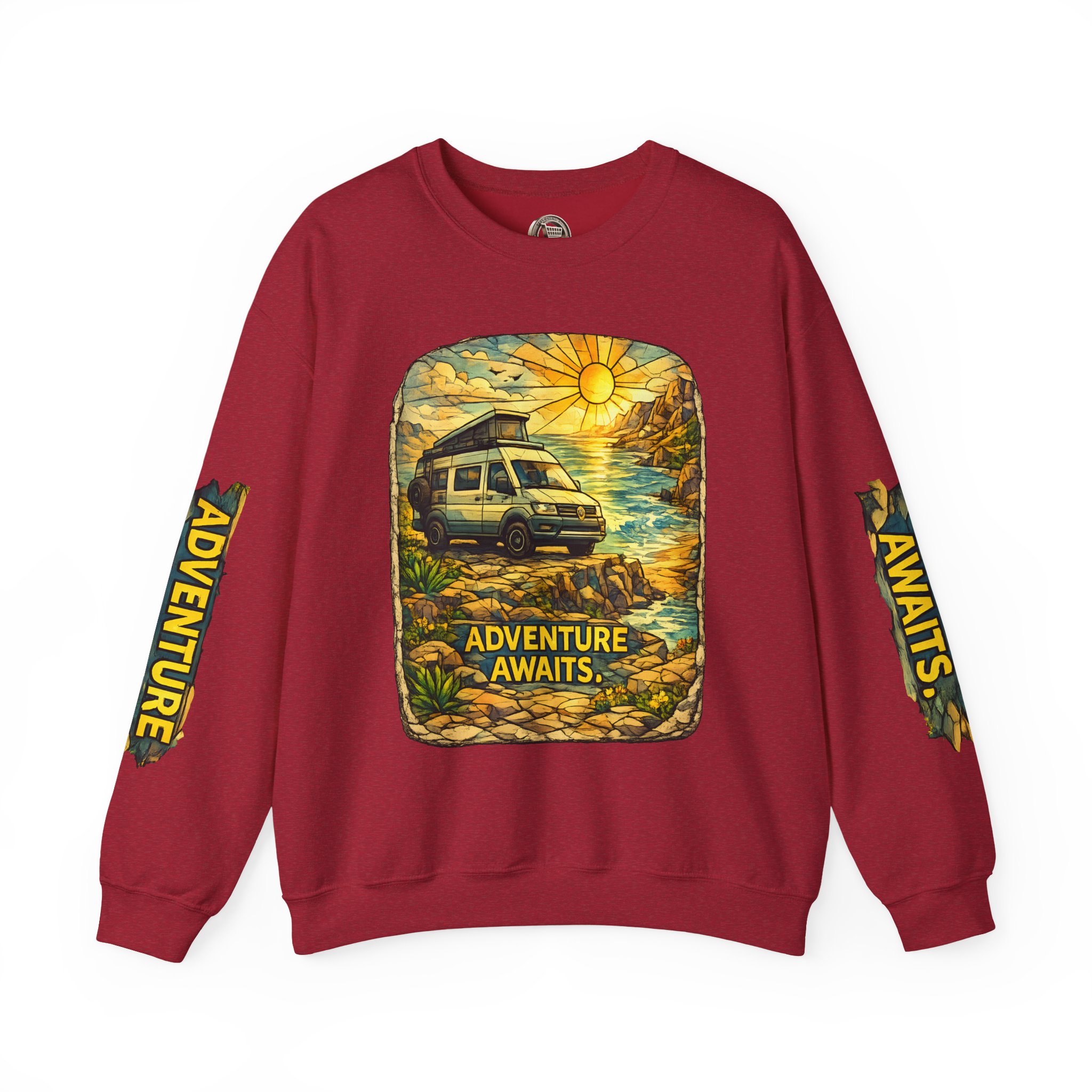Unisex Heavy Blend™ Crewneck Sweatshirt — "Adventure Awaits" Design Cubic-Line