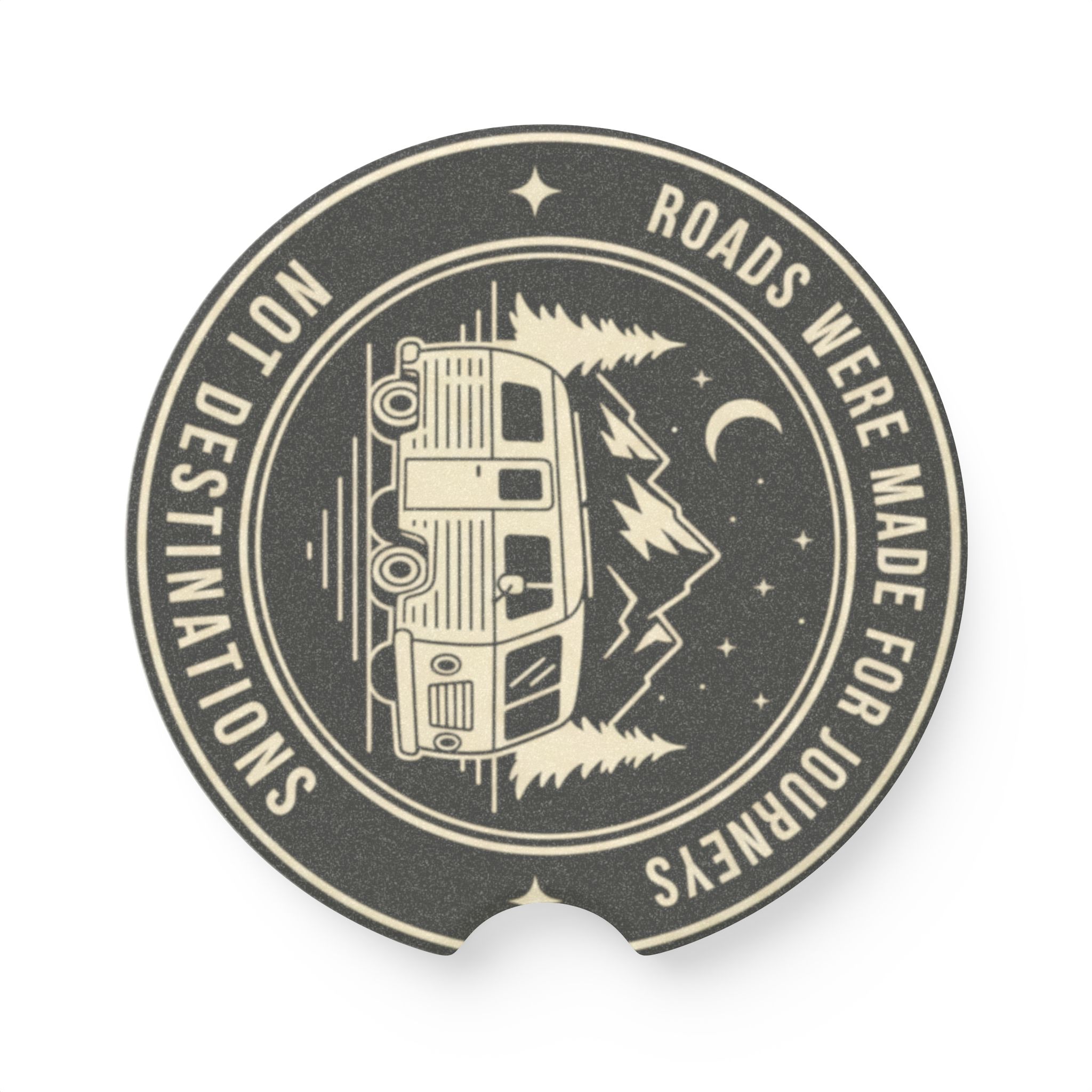 Soapstone Car Coaster — "Roads Were Made For Journeys" Van & Mountains Design