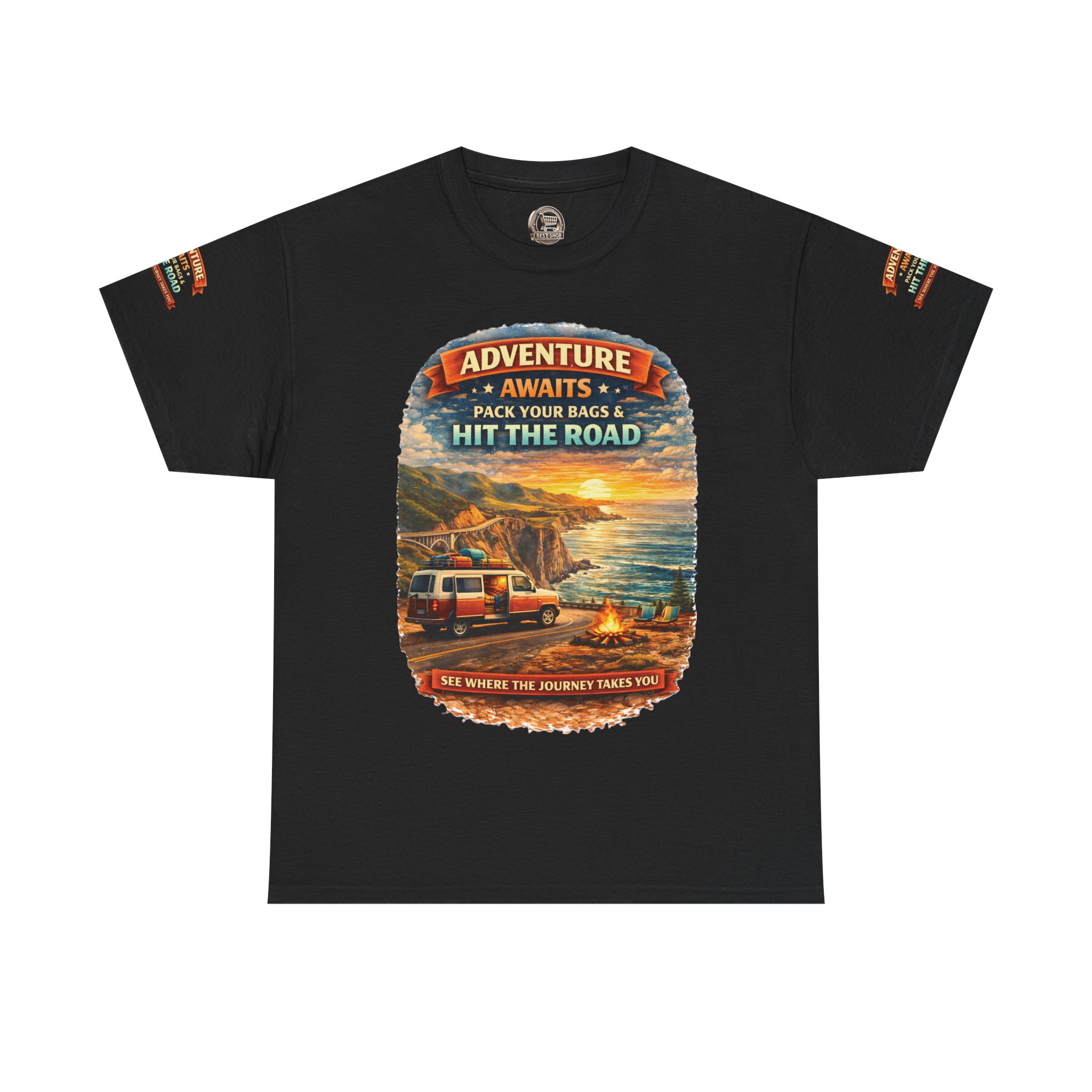 Unisex Heavy Cotton Tee — "Adventure Awaits-Pack Your Bags" Design Scenic-Line