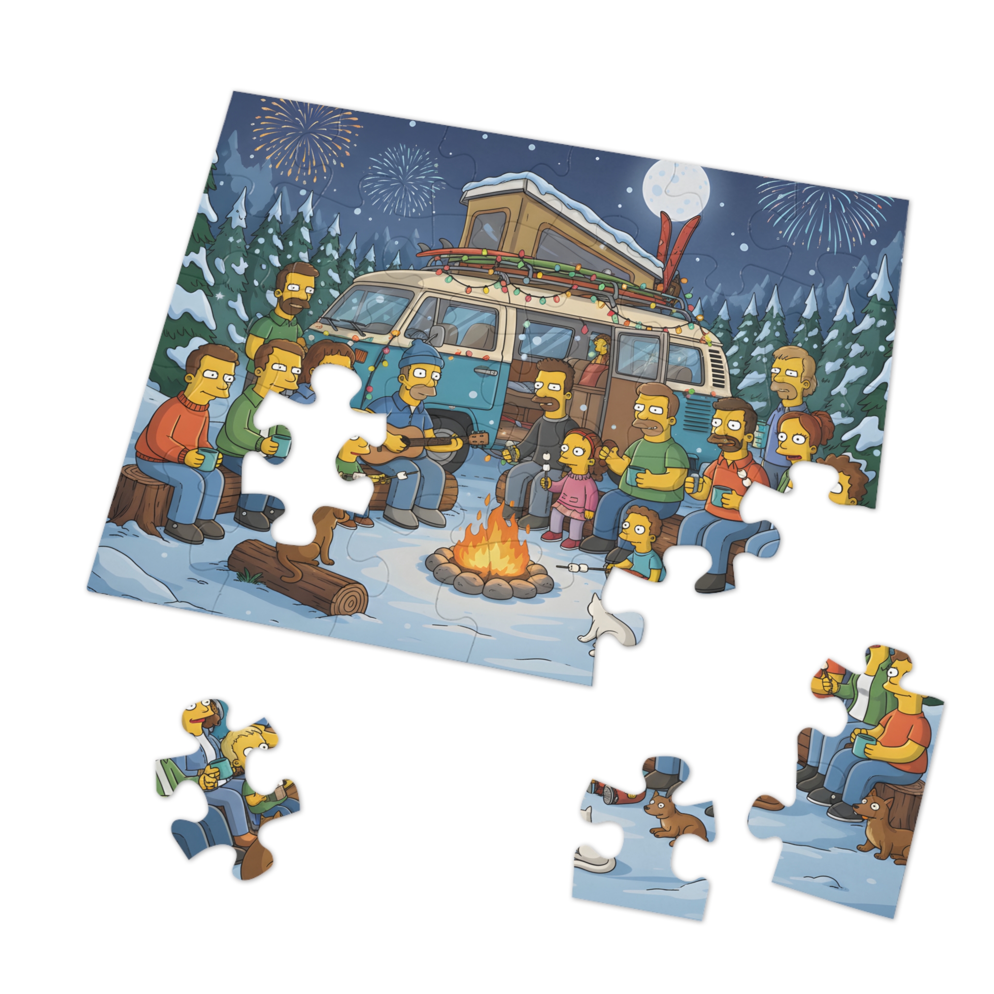 Jigsaw Puzzle with Tin — Winter Campfire Scene
