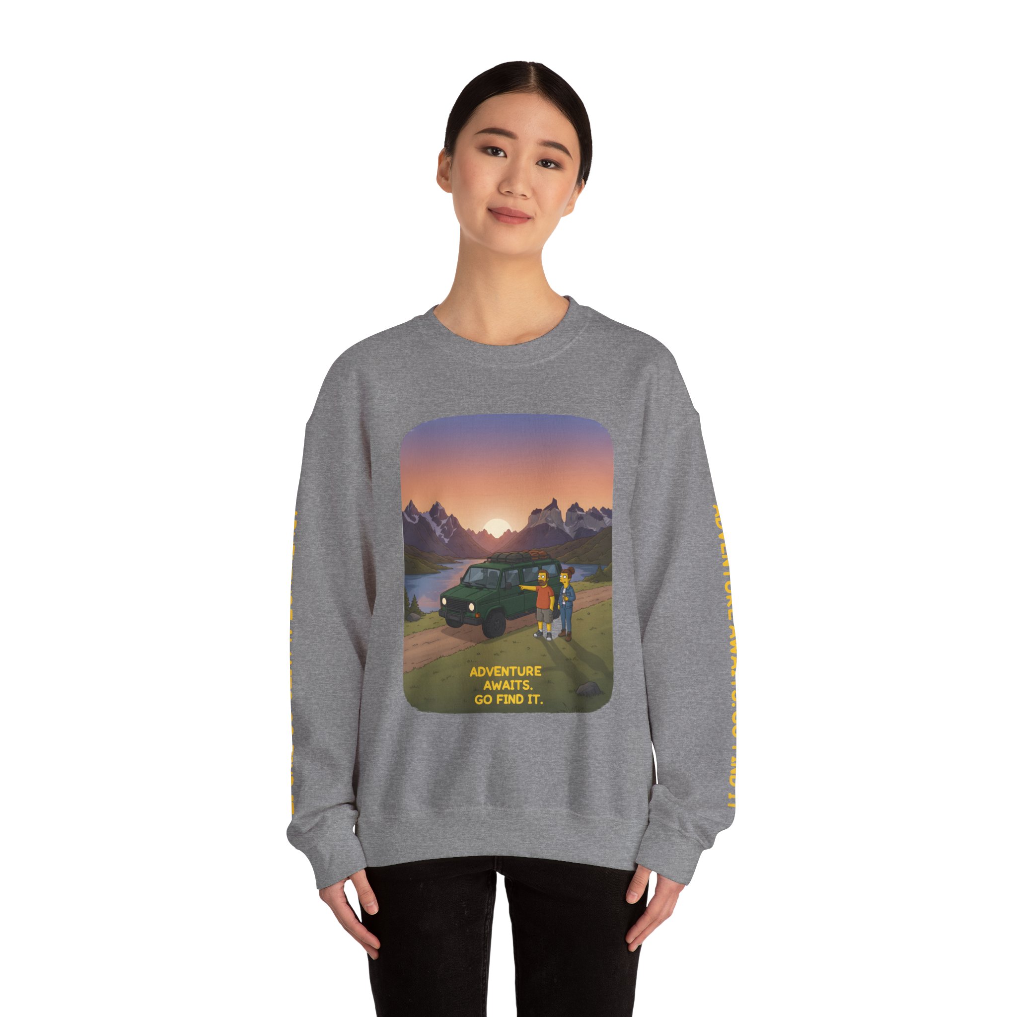 Unisex Heavy Blend™ Crewneck Sweatshirt — "Adventure Awaits-Go Find It" Design Sitcom-Line
