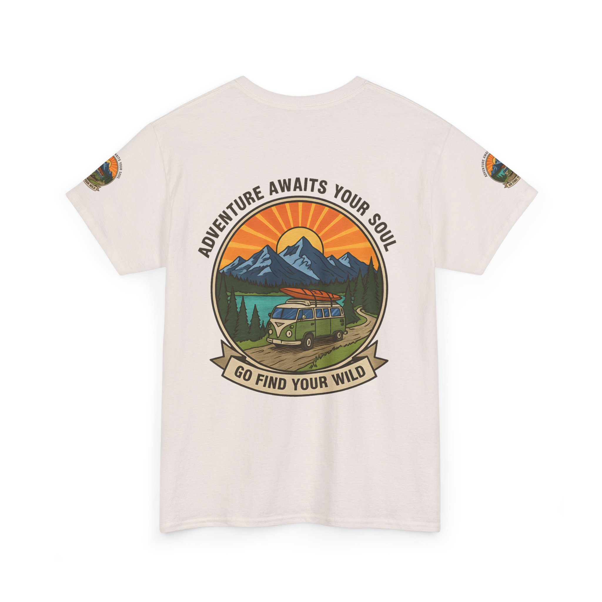 Unisex Heavy Cotton Tee — “Adventure Awaits Your Soul: Go Find Your Wild” Van & Mountain Graphic