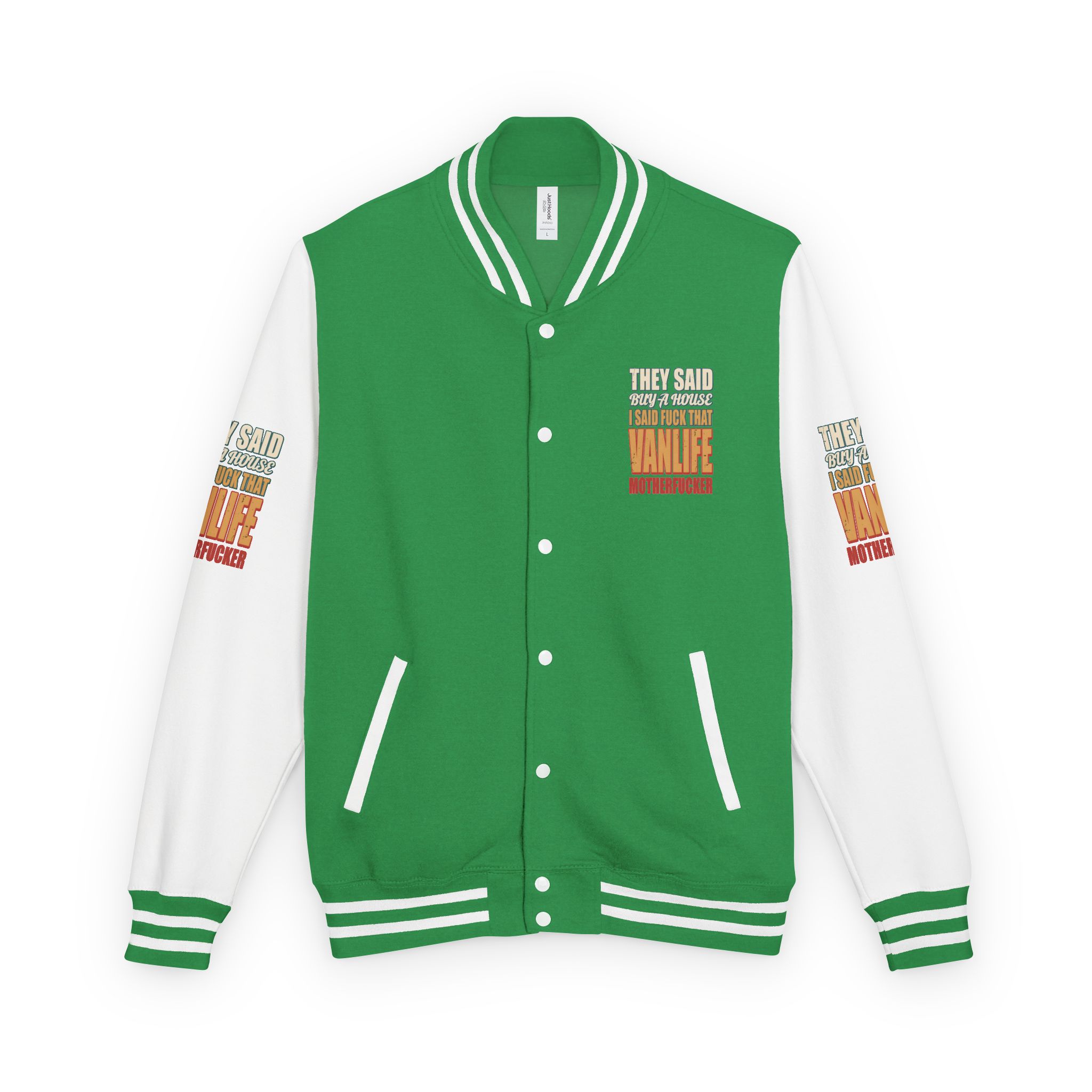 Unisex Heavyweight Letterman Jacket — "They Said Buy A House" Design F**K-Line