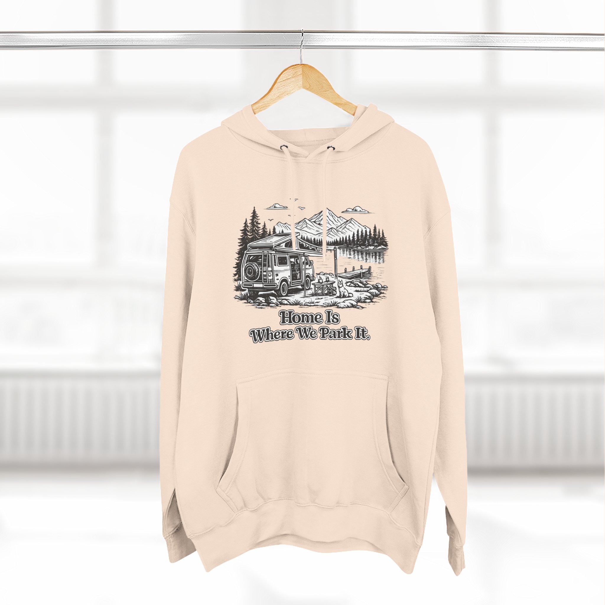 Three-Panel Fleece Hoodie - "Home Is Where You Park It" Design Minimal-Line