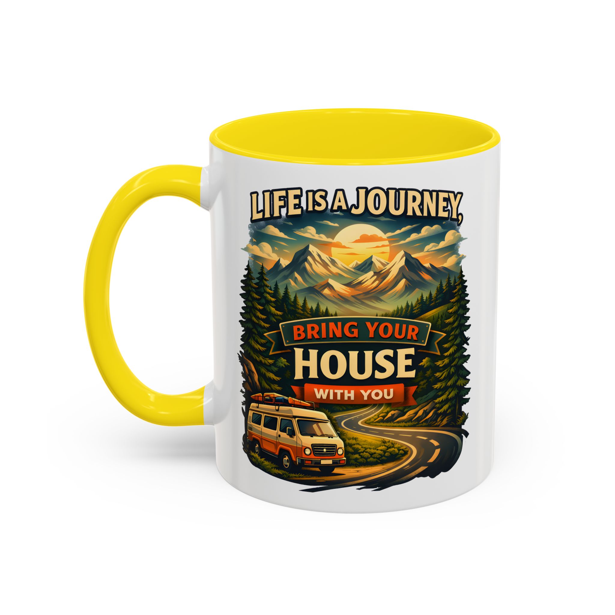 Accent Coffee Mug (11, 15oz) — "Live Is A Journey-Bring Your House With You" Design Scenic-Line