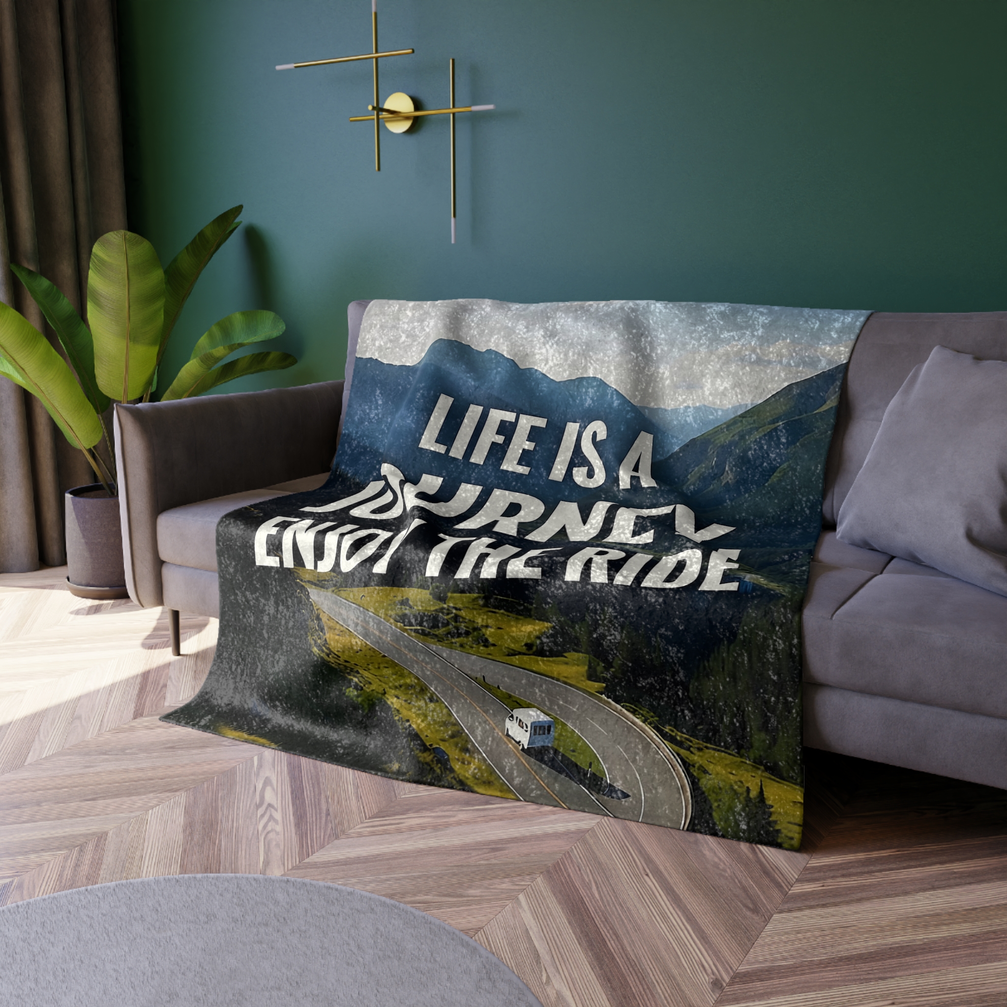 Crushed Velvet Blanket - "Life Is A Journey, Enjoy The Ride" Mountain Throw