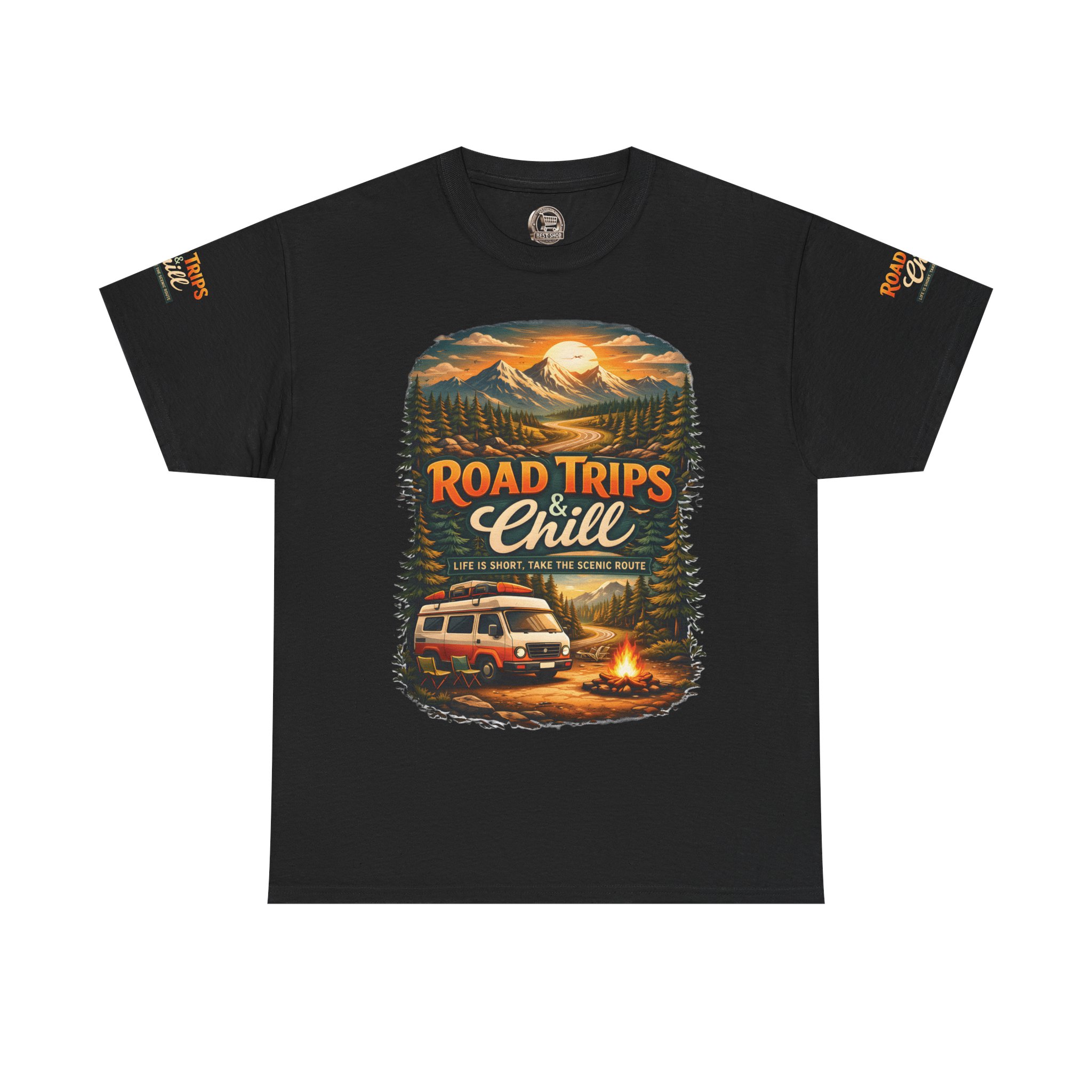 Unisex Heavy Cotton Tee — "Road Trips & Chill" Design Scenic-Line