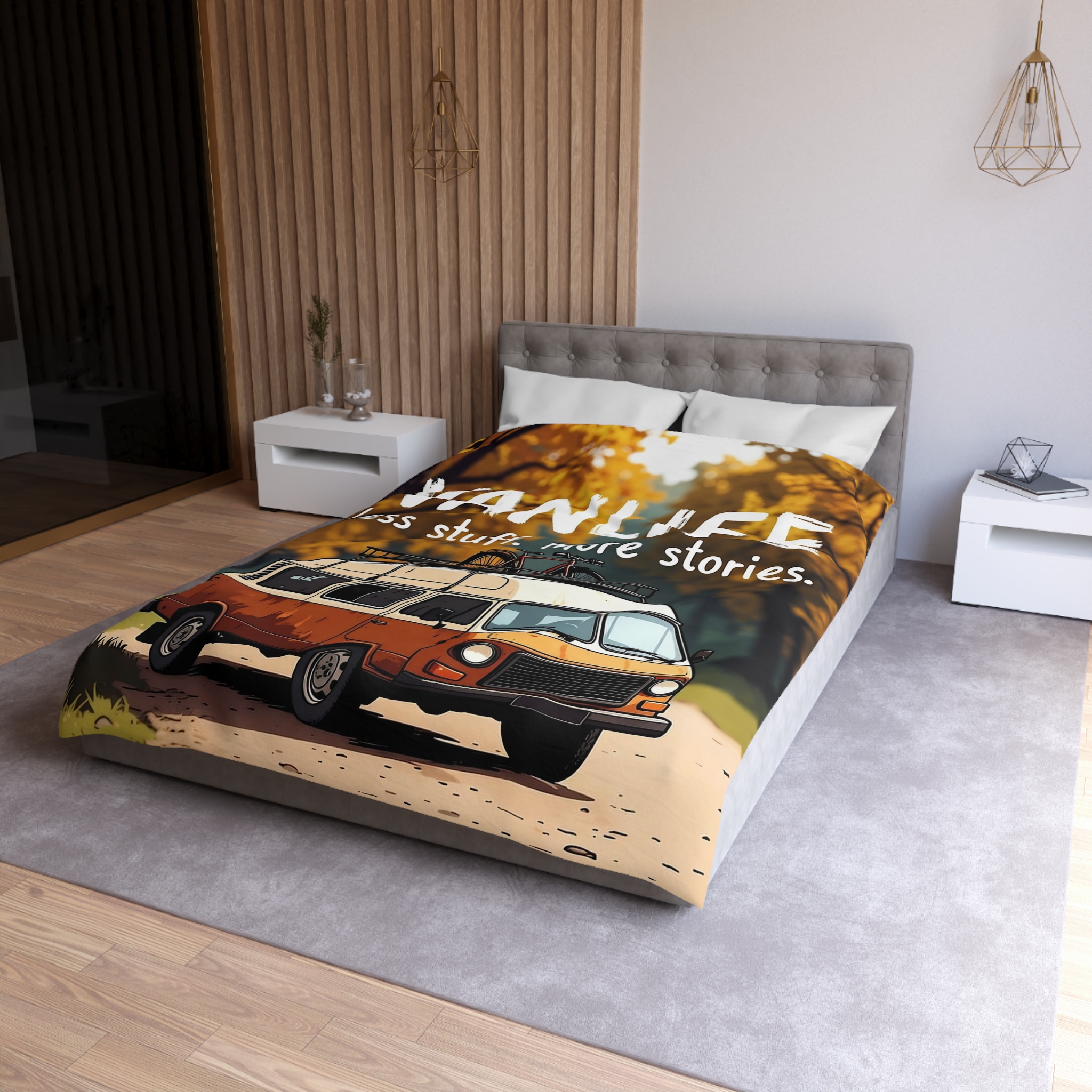 Duvet Cover — "Vanlife Less Stuff, More Stories" Retro Camper Bedding