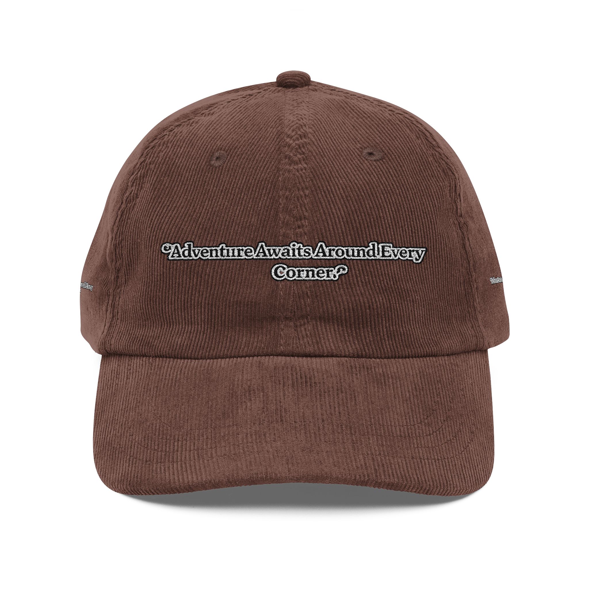 Vintage Corduroy Cap (Embroidery) — "Adventure Awaits Around Every Corner" Embroidered Hat