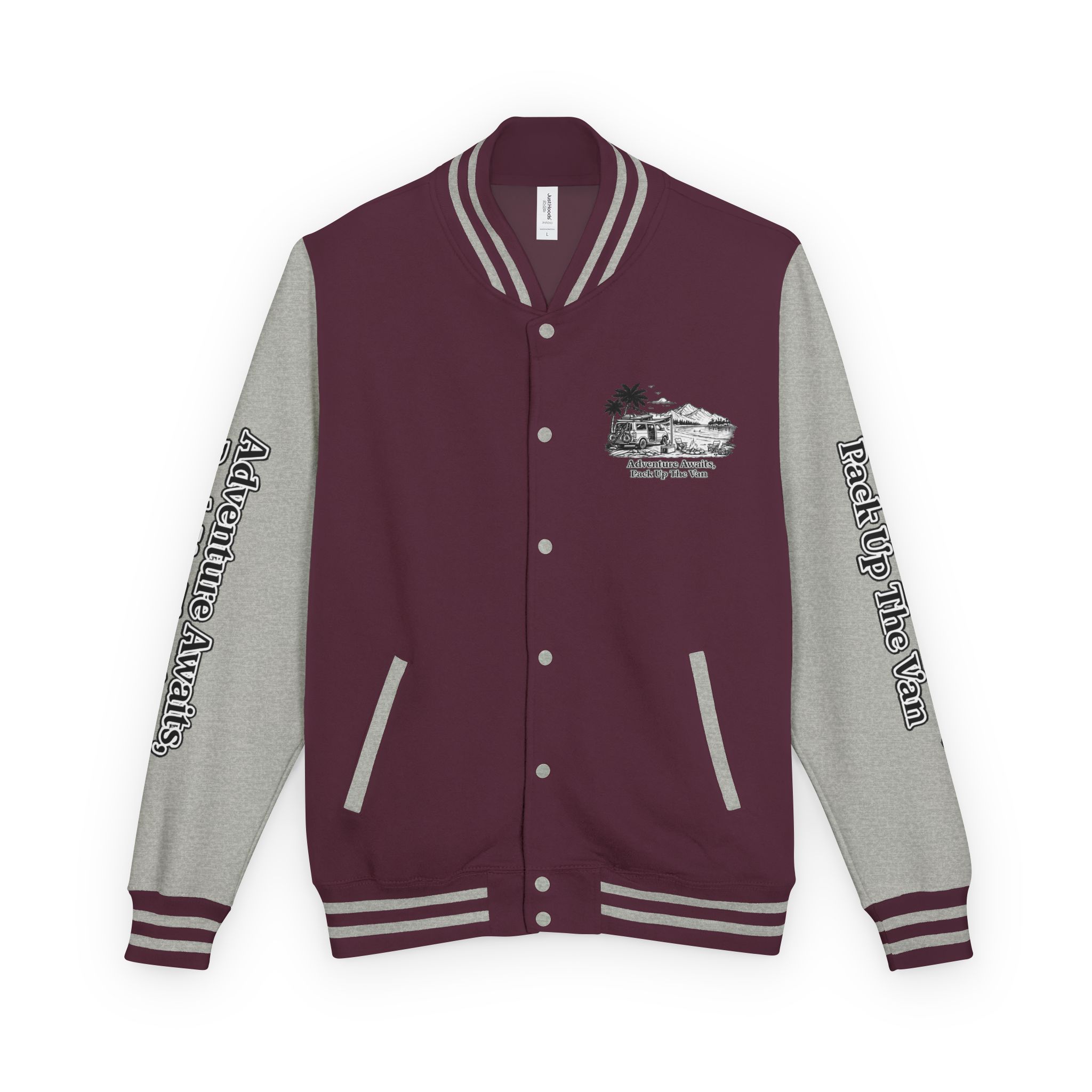 Unisex Heavyweight Letterman Jacket — "Adventure Awaits,Pack Up The Van" Travel Varsity Coat