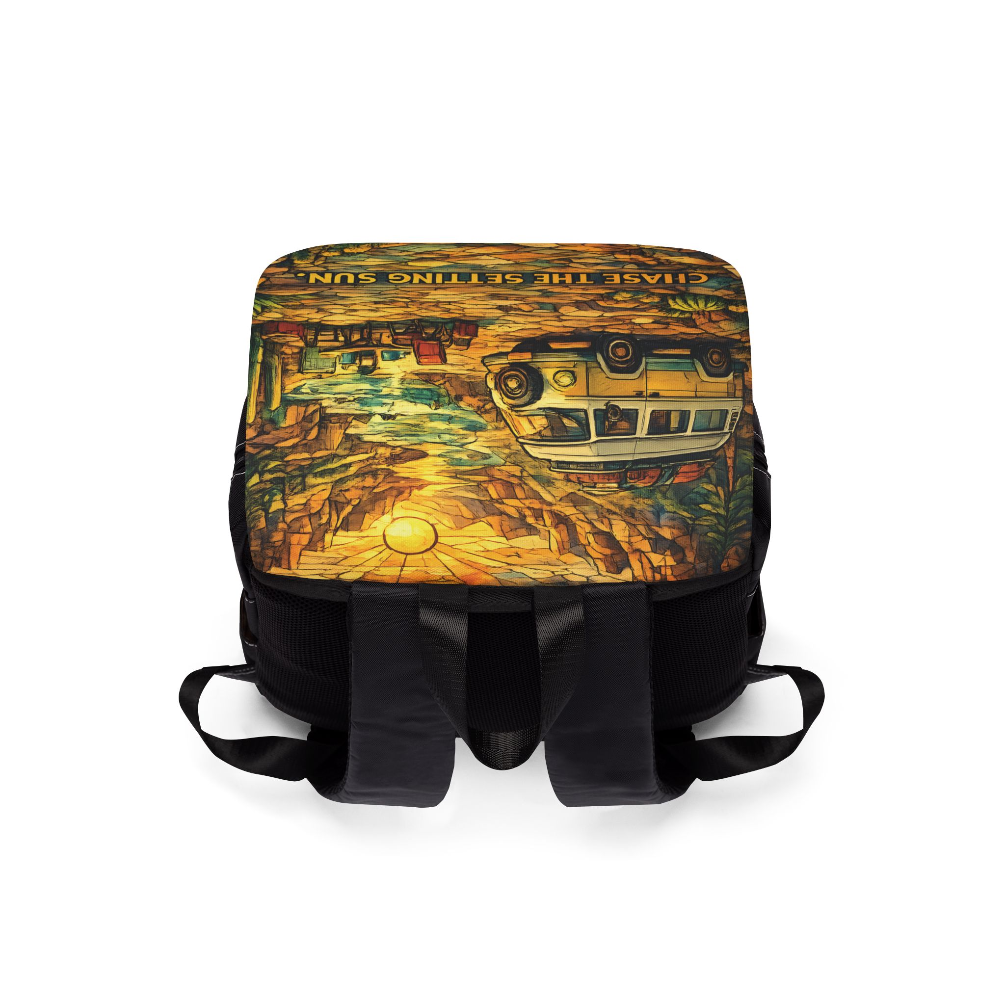 Unisex Casual Shoulder Backpack — "Chase The Settings Sun" Design Cubic-Line
