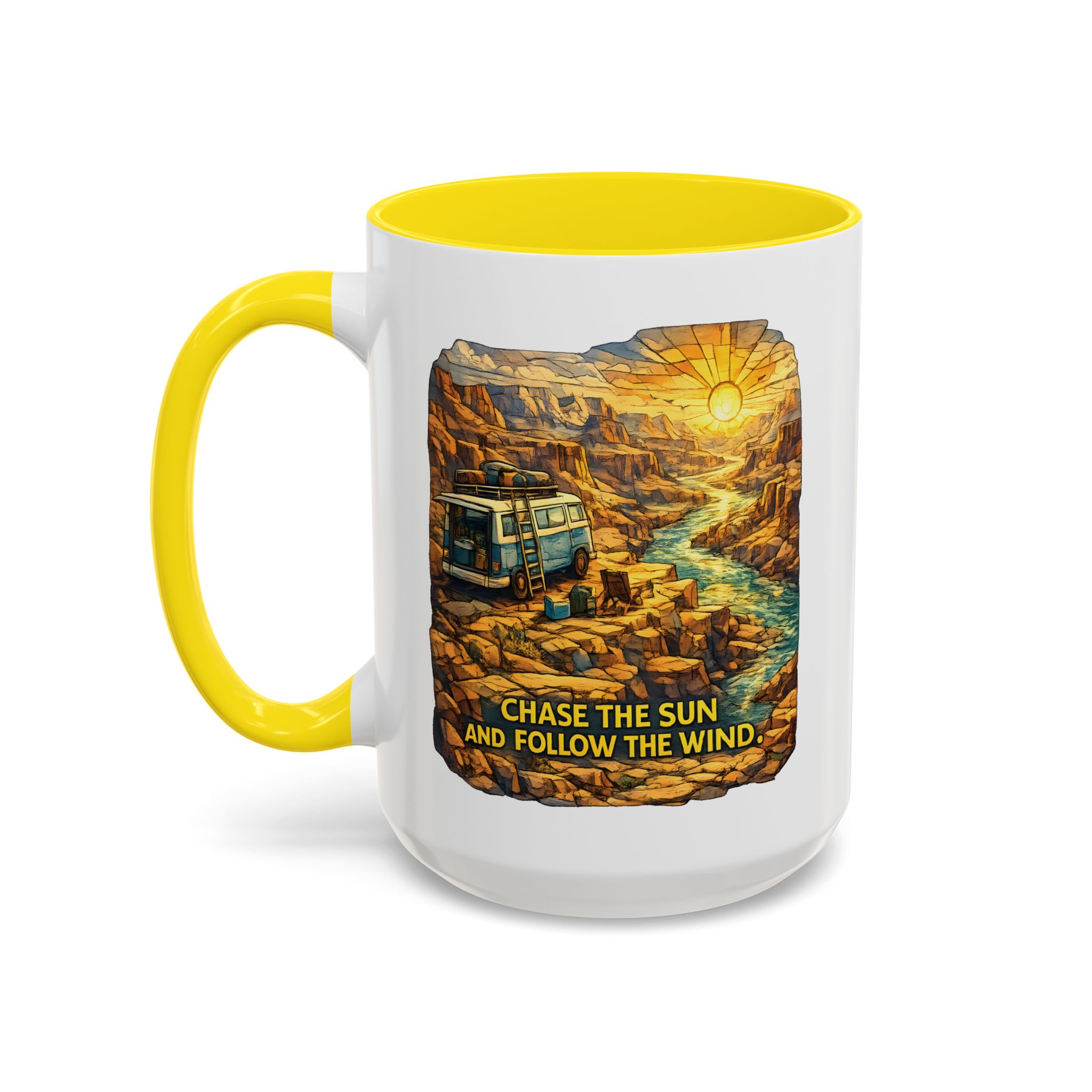 Accent Coffee Mug (11, 15oz) — "Chase The Sun And Follow The Wind" Design Cubic-Line