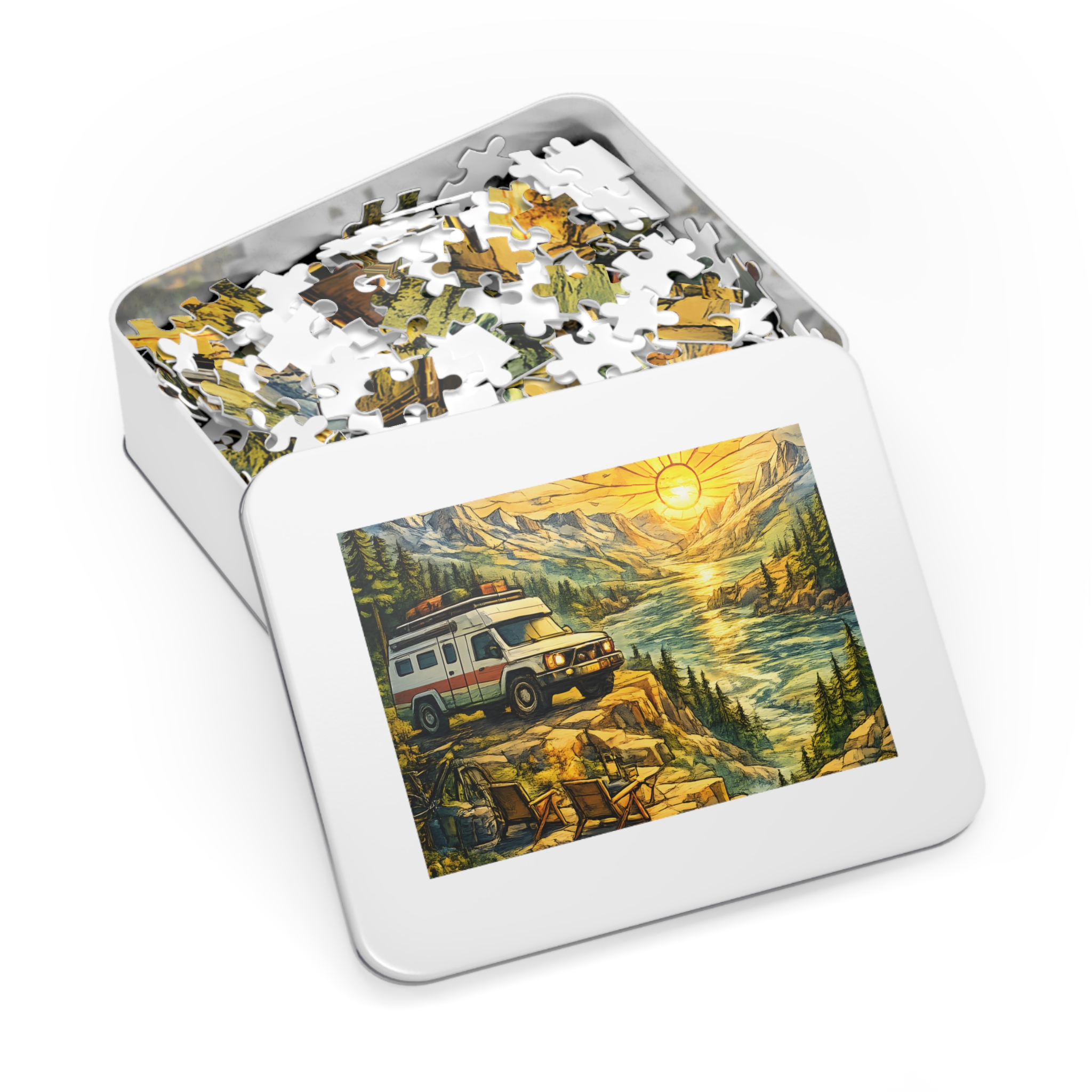 Jigsaw Puzzle with Tin — Camping Van Sunset (Design Cubic-Line)