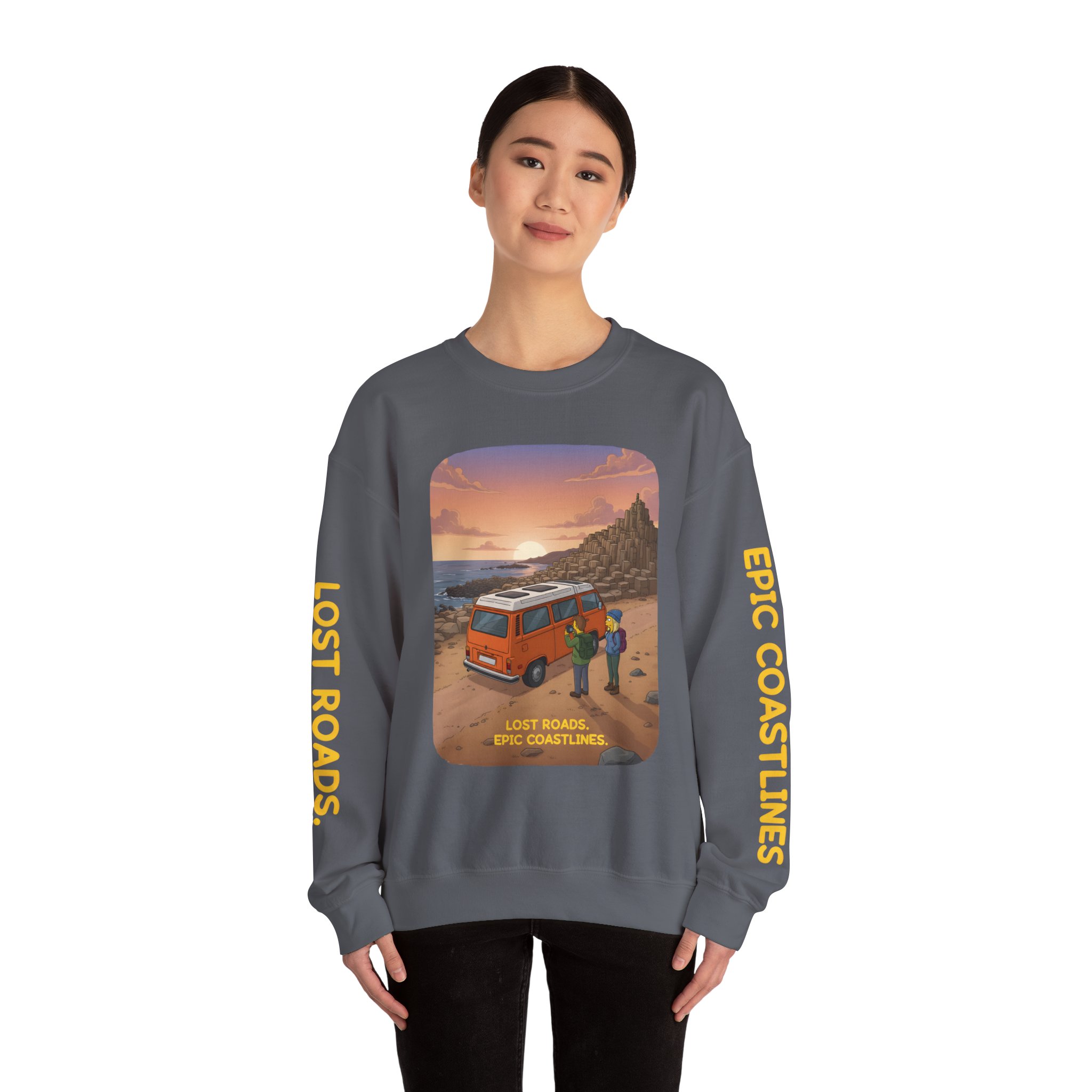 Unisex Heavy Blend™ Crewneck Sweatshirt — "Lost Roads Epic Coastlines" Design Sitcom-Line