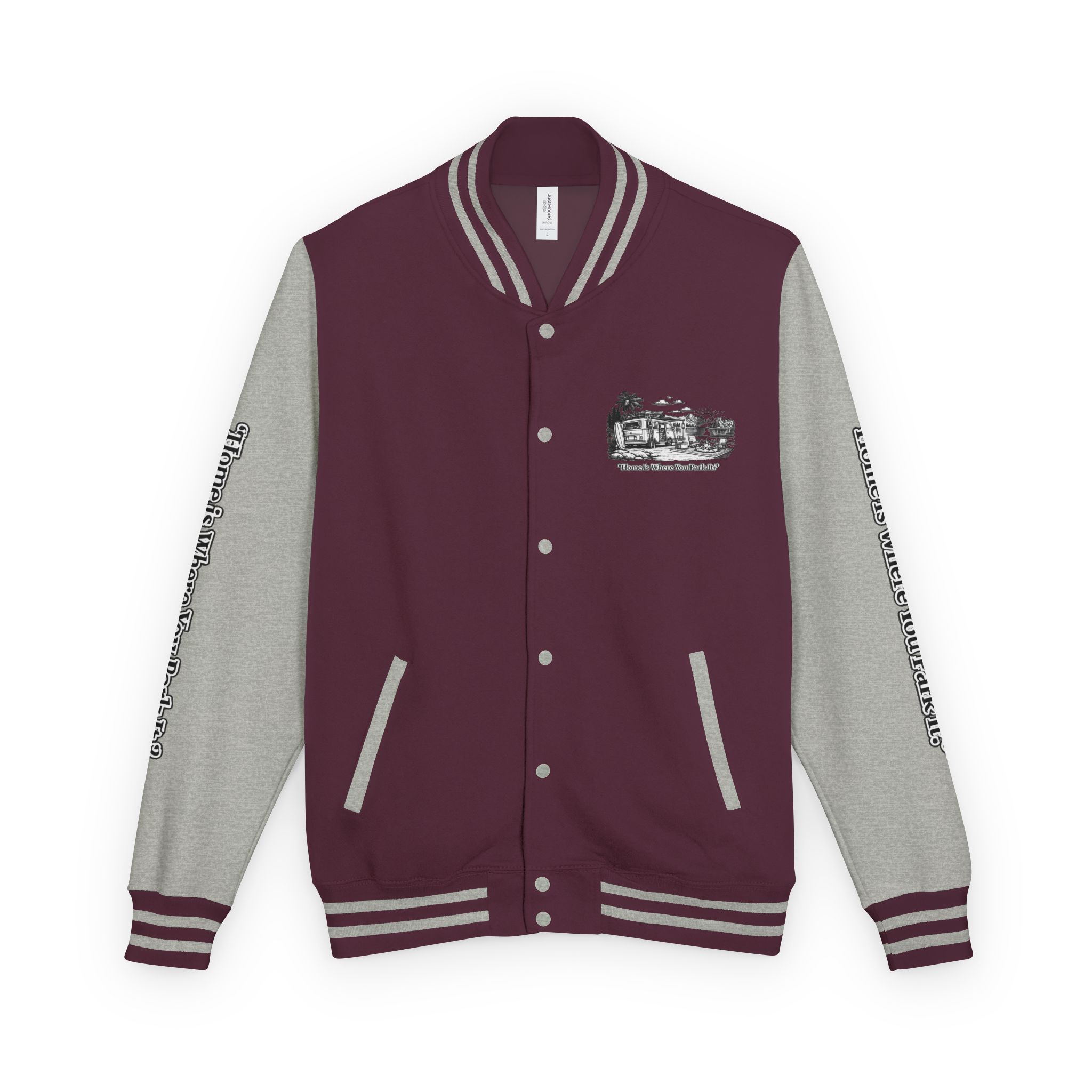13768453817047999172_2048-1.jpeg Unisex Heavyweight Letterman Jacket — "Home Is Where You Park It" Travel Varsity Coat