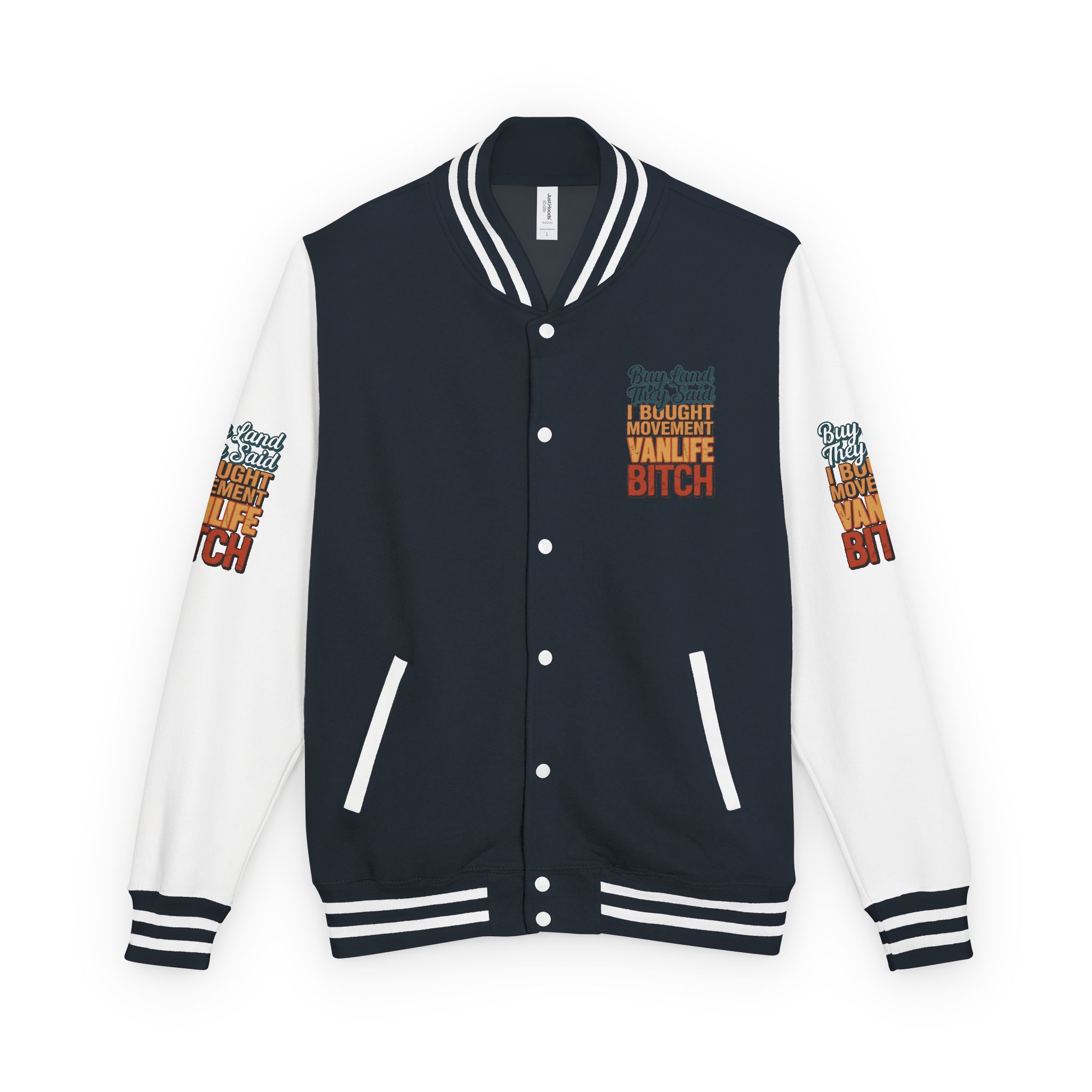 1377586869708711809_2048-1.jpeg Unisex Heavyweight Letterman Jacket — "Buy Land They Said" Design F**K-Line