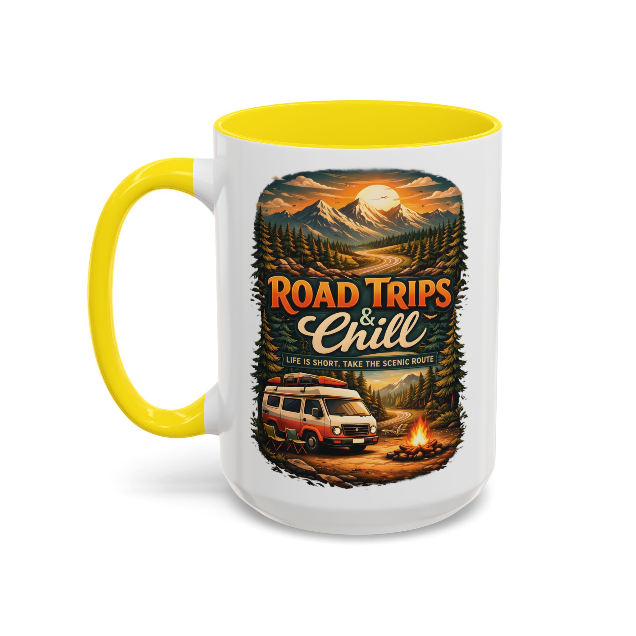 Accent Coffee Mug (11, 15oz) — "Road Trips & Chill" Design Scenic-Line