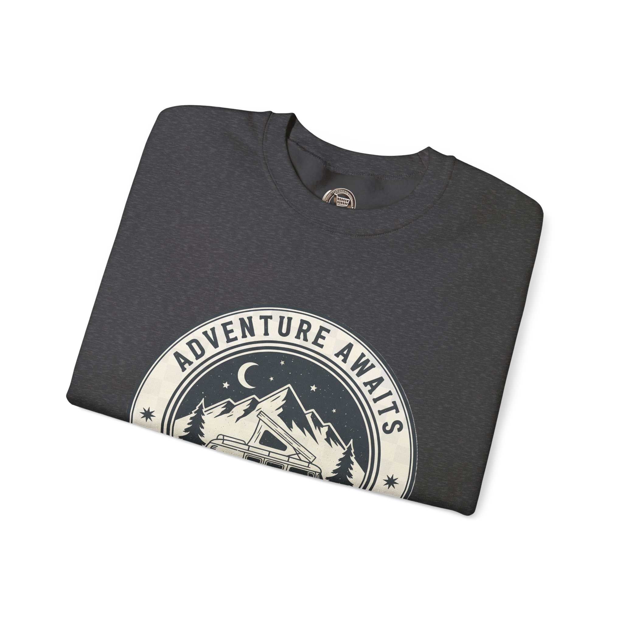 13806939914748682522_2048.jpeg Crewneck Sweatshirt — "Adventure Awaits-Go Where You Feel Most Alive" (Font + Back + Sleaves printed) Vintage Camper Van Outdoor Graphic