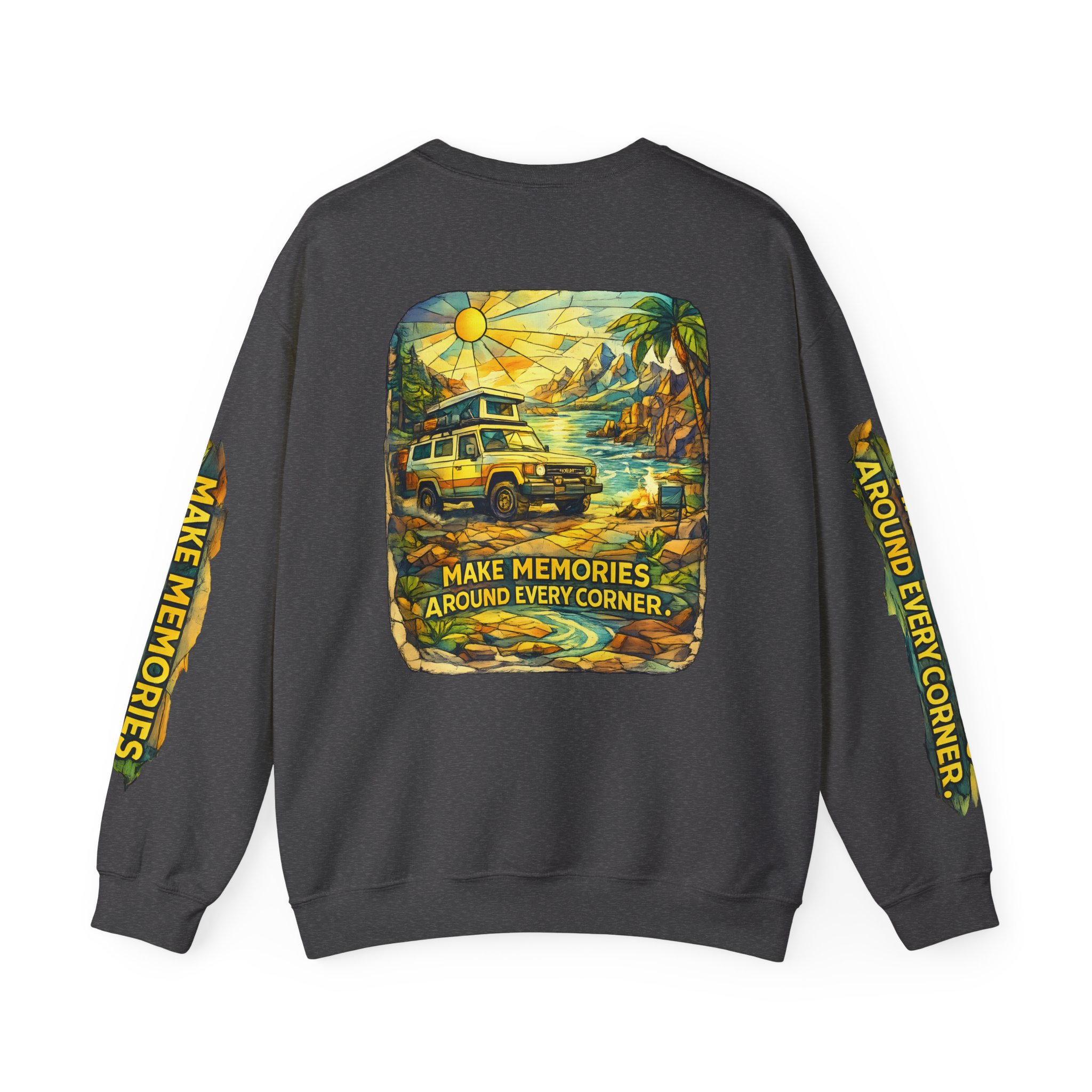 Unisex Heavy Blend™ Crewneck Sweatshirt — "Make Memories Around Every Corner" Design Cubic-Line