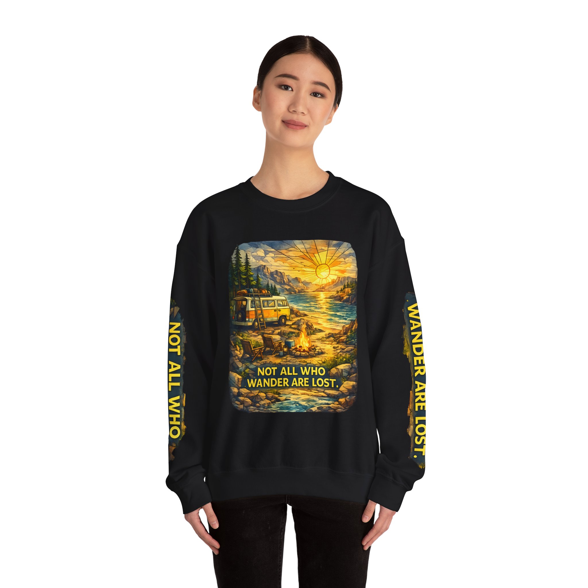 Unisex Heavy Blend™ Crewneck Sweatshirt — "Not All Who Wander Are Lost" Design Cubic-Line